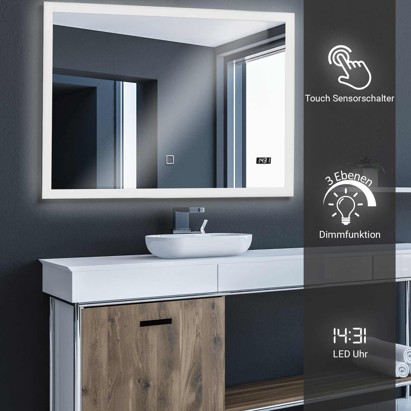 Aquamarin Badezimmerspiegelschrank Badspiegel mit LED Digitaluhr Touchschalter, - Badezimmerspiegel 