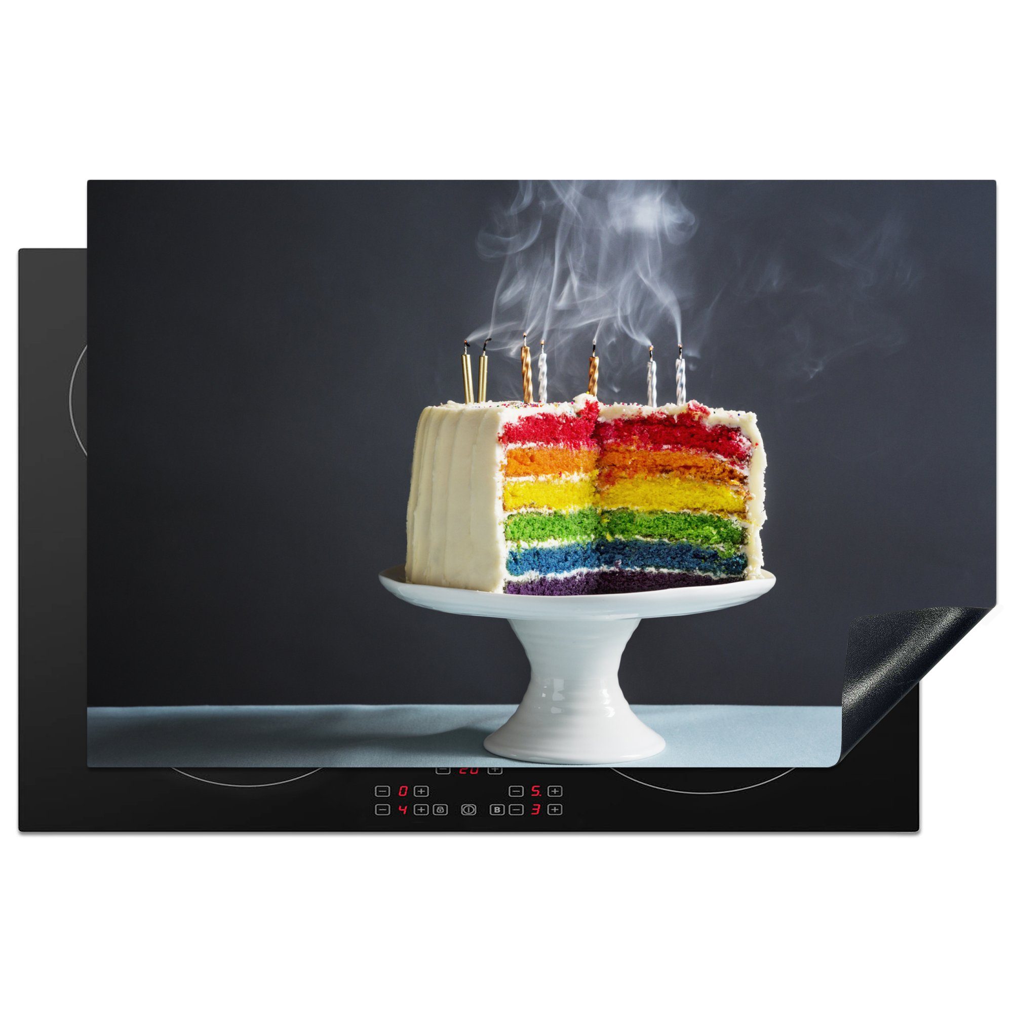 MuchoWow Herdblende-/Abdeckplatte Ausgeblasene Kerzen auf einer bunten Geburtstagstorte, Vinyl, (1 tlg), 81x52 cm, Induktionskochfeld Schutz für die küche, Ceranfeldabdeckung