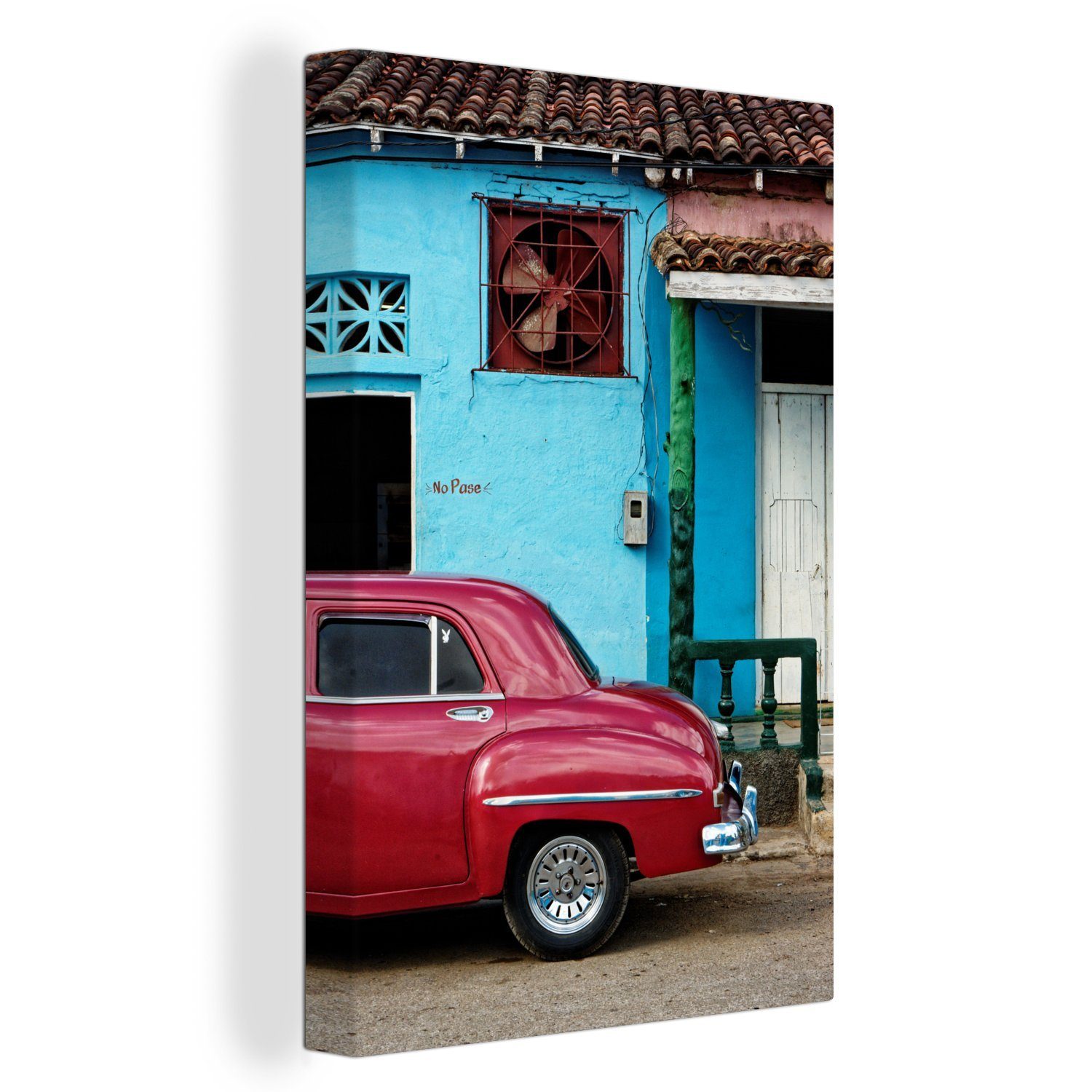 OneMillionCanvasses® (1 fertig 20x30 St), inkl. Gemälde, Ein Oldtimer Leinwandbild cm Leinwandbild für blaues ein kubanischer Haus, Zackenaufhänger, bespannt
