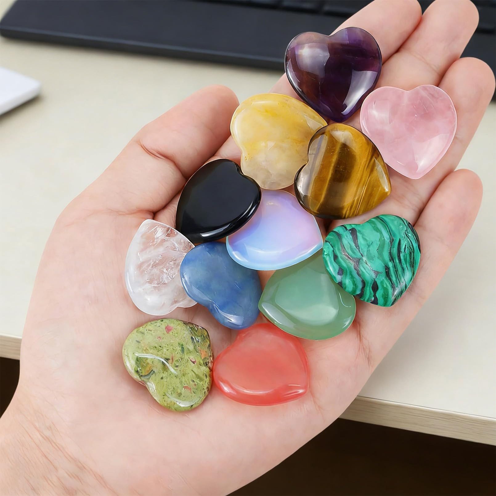 FOUORTUNATE-BEE Edelstein 12 Herz Glückssteine Geschenkset Naturstein Herzen für Frauen Kinder, (12-St), Geschenk für Freundin Familie Kinder Geburtstag und bes – Bild 3 von 5