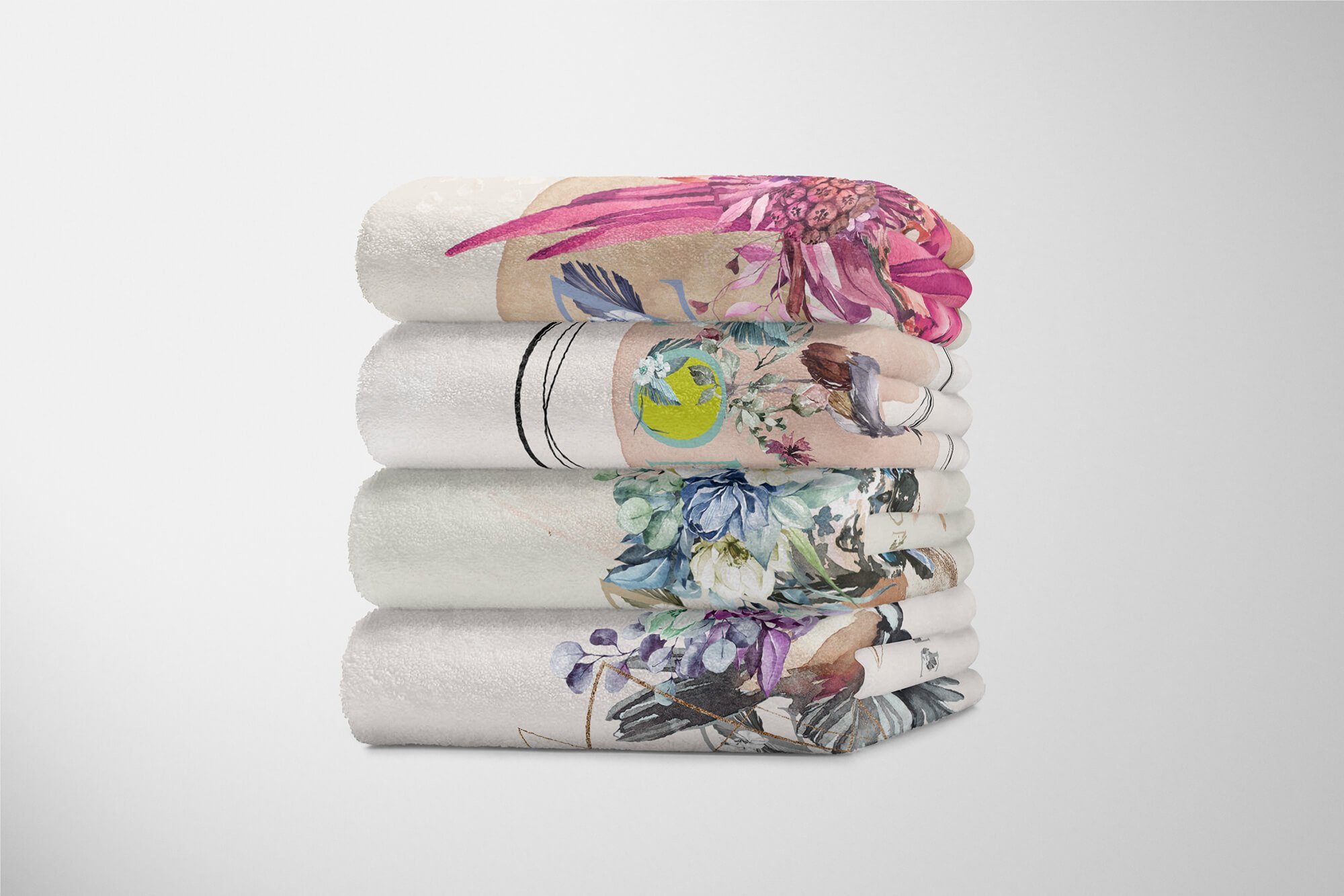 Kunstvoll Handtuch Eule Baumwolle-Polyester-Mix Schön Saunatuch Blumen D, Handtuch Handtücher Strandhandtuch Motiv Art Kuscheldecke Sinus (1-St), Wasserfarben