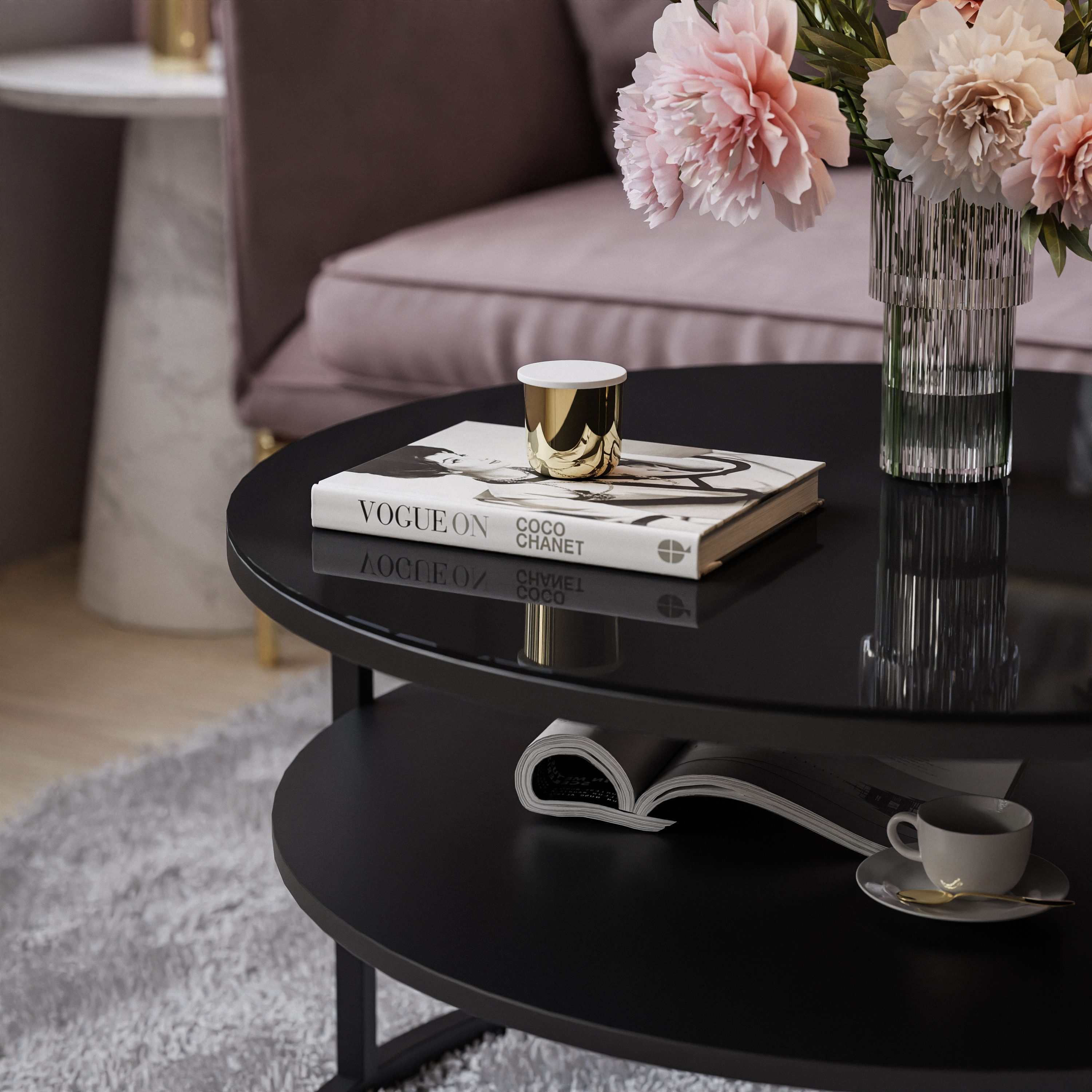 Lookway Couchtisch CIRI GLASS mit Ablage (1 Tisch), Durchmesser: ⌀70 cm
