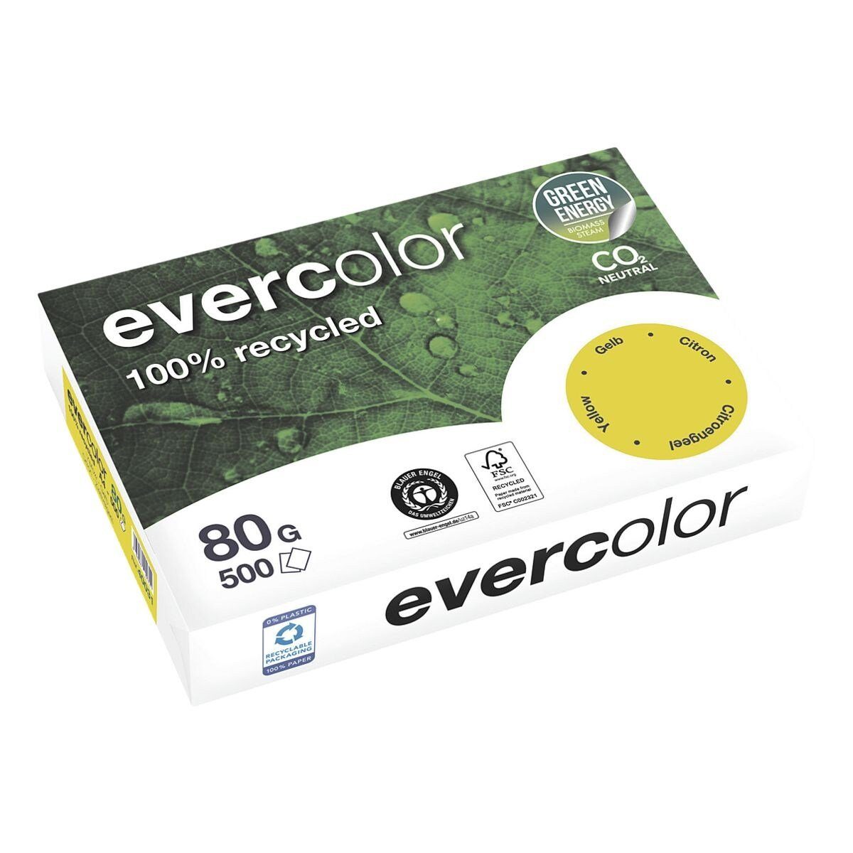 CLAIREFONTAINE Recyclingpapier evercolor, Intensivfarben, Format DIN A4, 80 g/m², 500 Blatt gelb