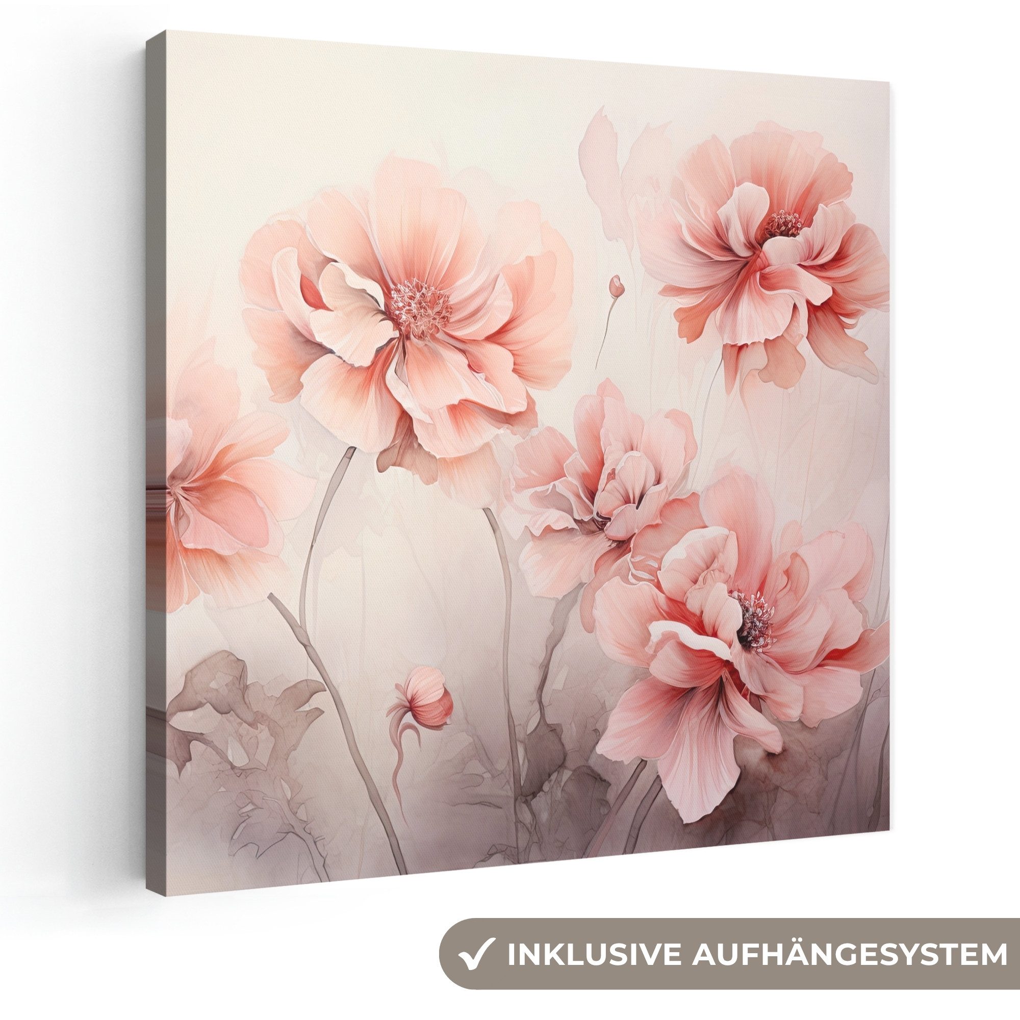 OneMillionCanvasses® Leinwandbild Blumen - Rosa - Kunst - Abstrakt - Aquarell, Fotodruck (1 St), Wandbild, Deko Schlafzimmer Wohnzimmer Flur 20x20 cm