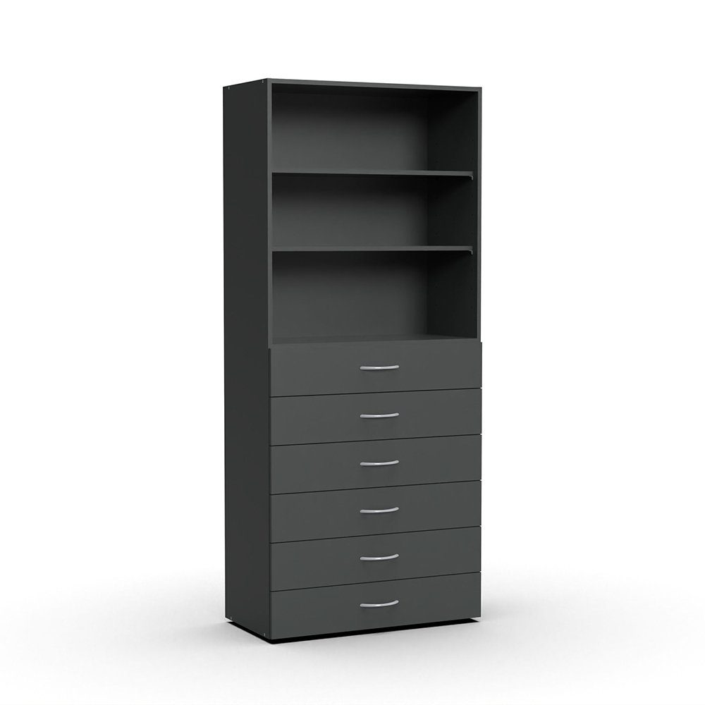 Lomadox Regal MIAMI-43, graphit, 3 offene Fächer, 6 Schubladen, ca. 80/185/40 cm