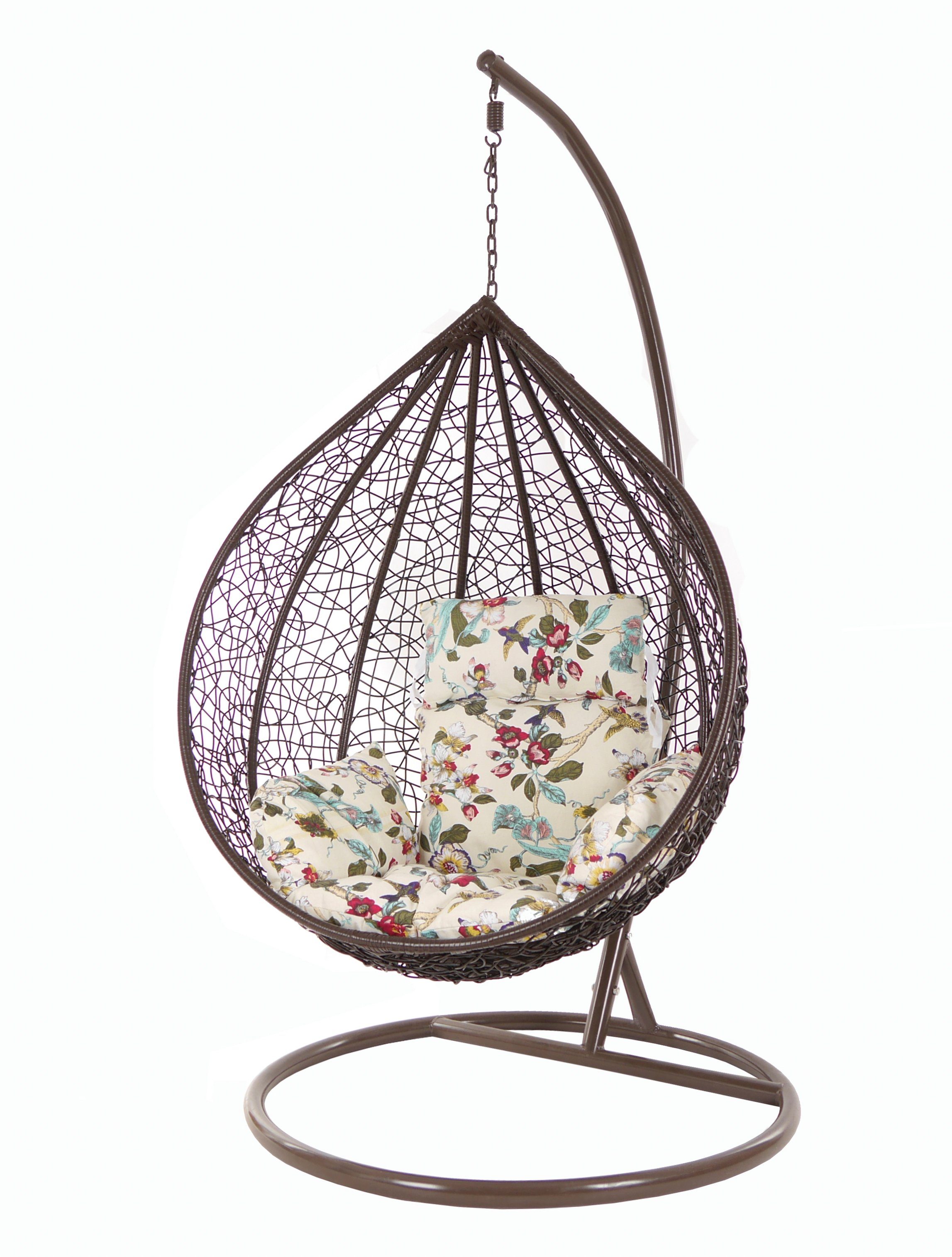 KIDEO Hängesessel Hängesessel MANACOR darkbrown, Schwebesessel mit Gestell und Kissen, Swing Chair, Hängesessel dunkelbraun, Nest-Kissen elfenbein gemustert (0056 ivory birds)