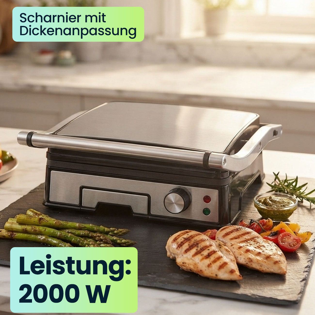 Casativo Kontaktgrill Elektro-Kontaktgrill 2000W antihaftbeschichtet Tischgrill für Steaks, 2000 W, 2-in-1 Kontakt- & Tischgrill/LED-Statusleuchten