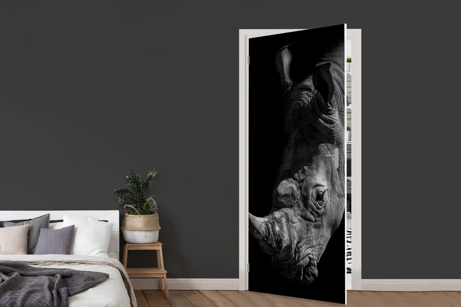 75x205 cm Tür, (1 Fototapete St), bedruckt, Porträt, Matt, MuchoWow - Nashorn - für Türtapete Türaufkleber, Wildtier