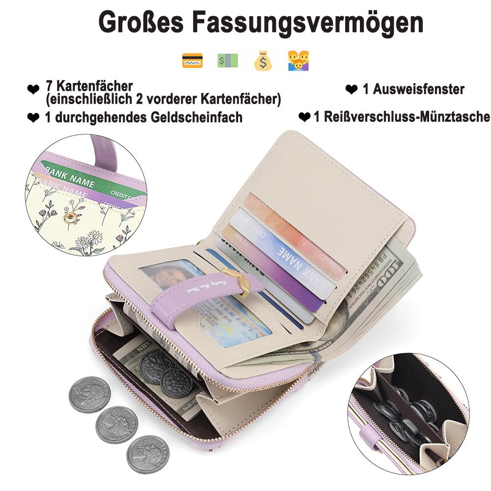 Zaewry Geldbörse Kleine Damen Geldbörse,modisch, niedlicher Margeriten-Aufdruck, Leder, Bifold, kompakt, RFID-geschützt, mit Reißverschlusstasche – Bild 5 von 5