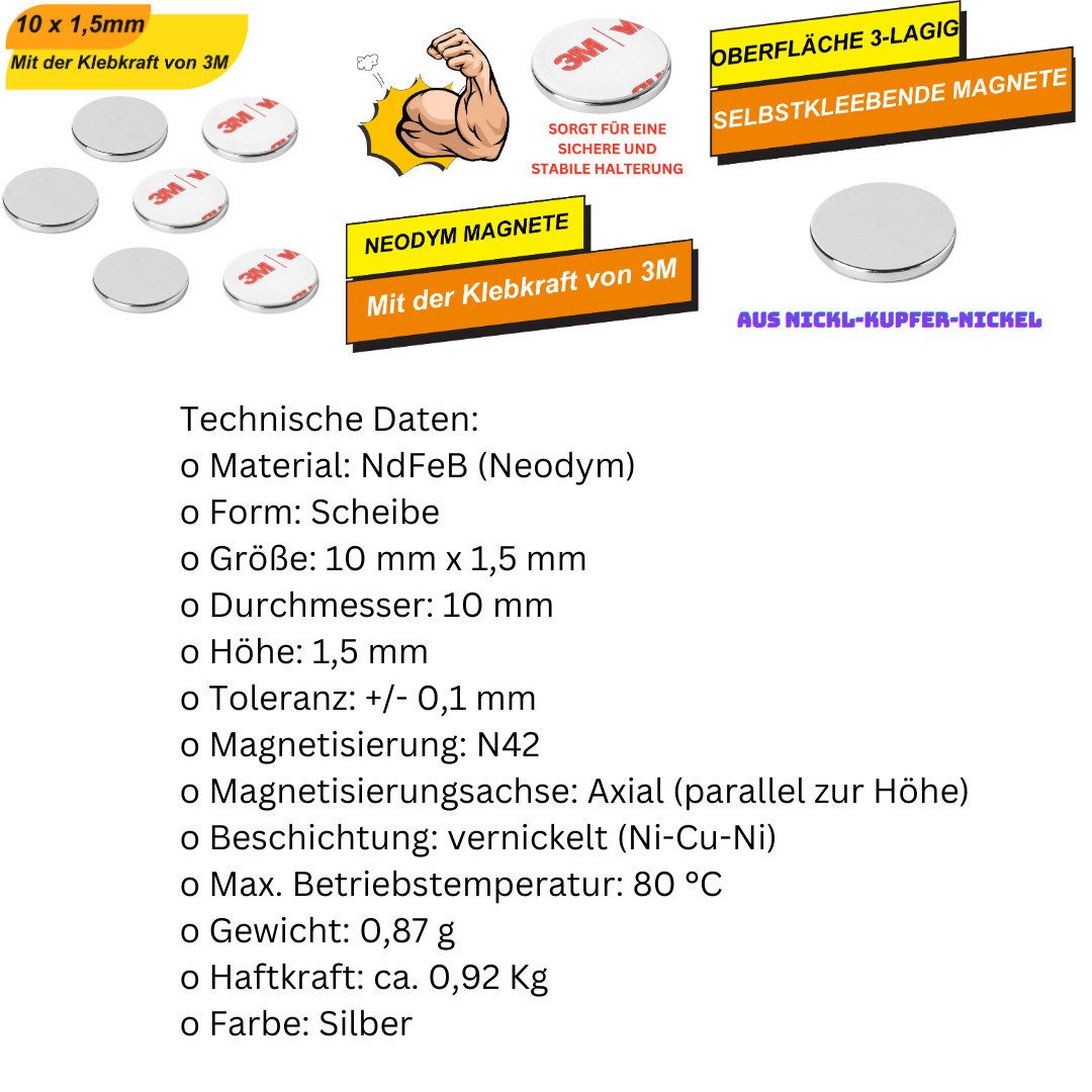 MaajeeKuto Magnet 3M selbstklebend Scheibenmagnet Ø 10mm x 1,5mm Haftkraft 1 Kg (2-St)