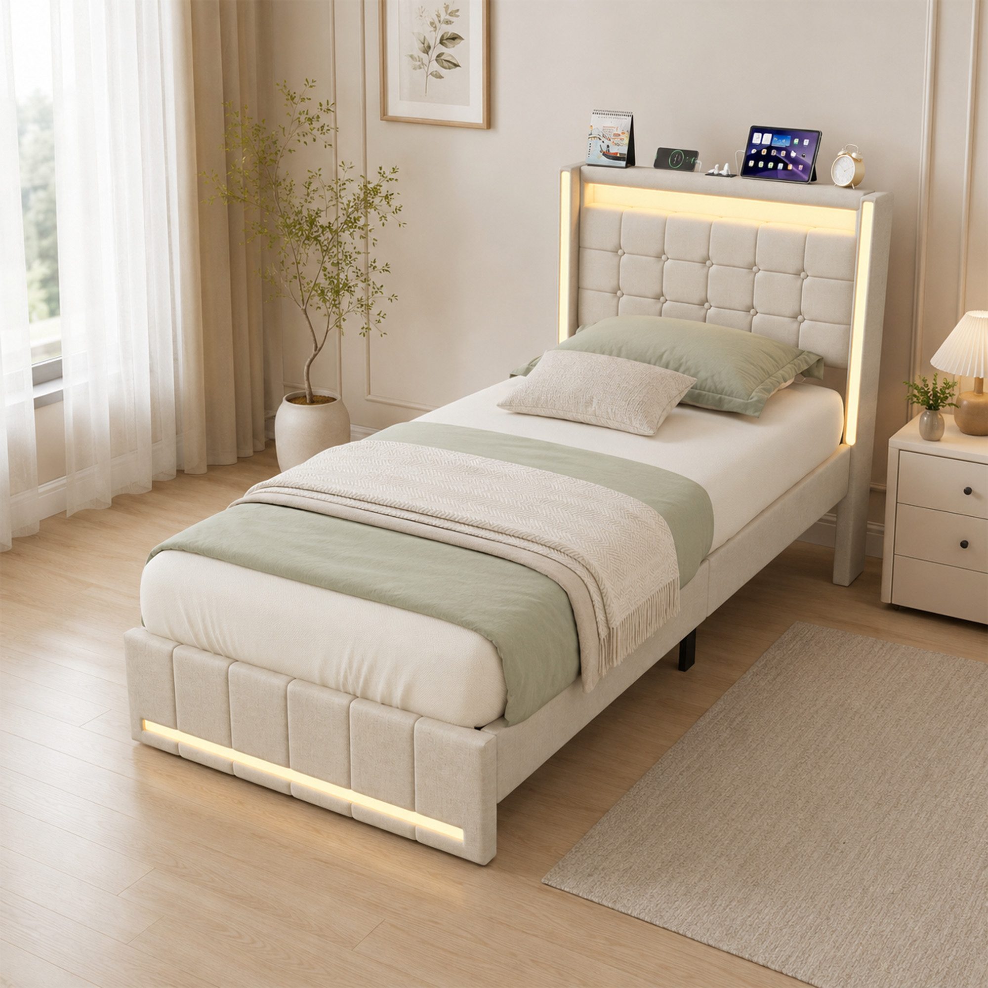 Simurq Stauraumbett Stauraumbett,Einzelbett aus Leinenstoff mit Schubladen/Bettkasten (Stauraumbett mit Lattenrost), Polsterbett 90x200 mit LED-Beleuchtung und USB-Ladestation