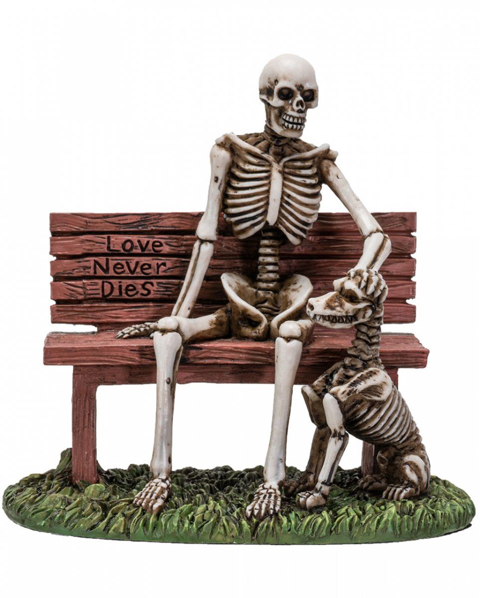 Dekofigur Skelett Figur auf Parkbank sitzend mit Skeletthund