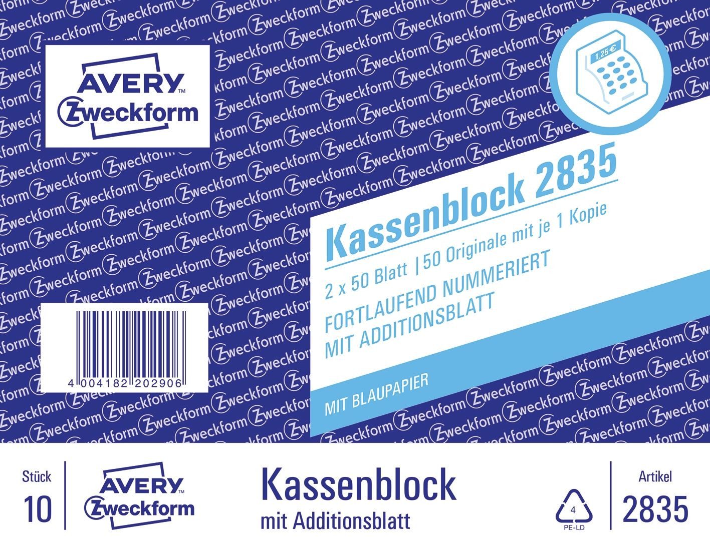 Formularblock 2835 Kassenblock Kompaktblock fortlaufend nummeriert 2 x 50 Blatt weiß