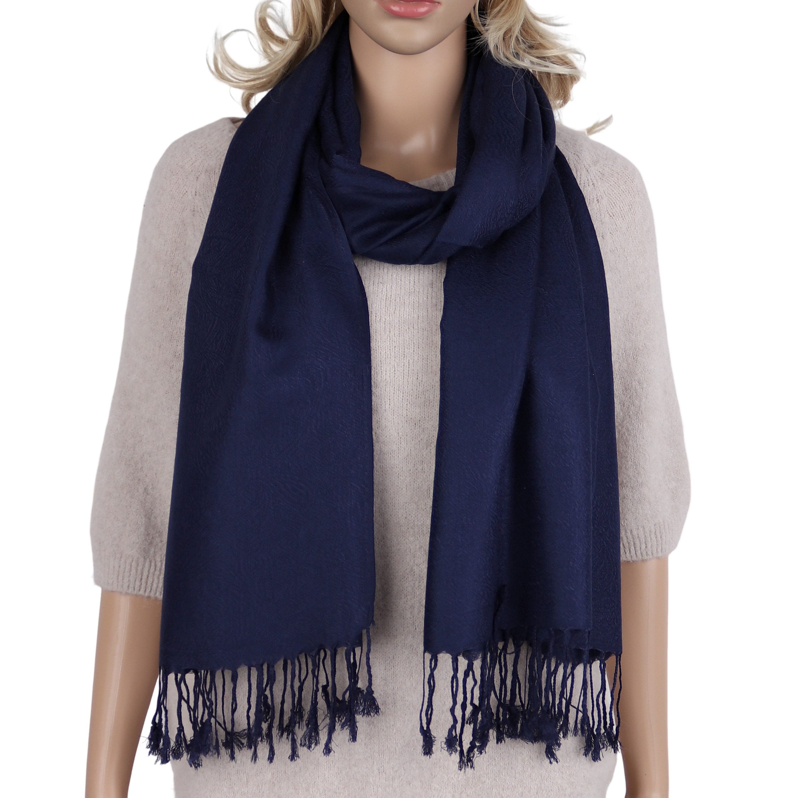 Modeschal weicher Schal Unifarbe feine Muster mit Fransen, 70x180cm
