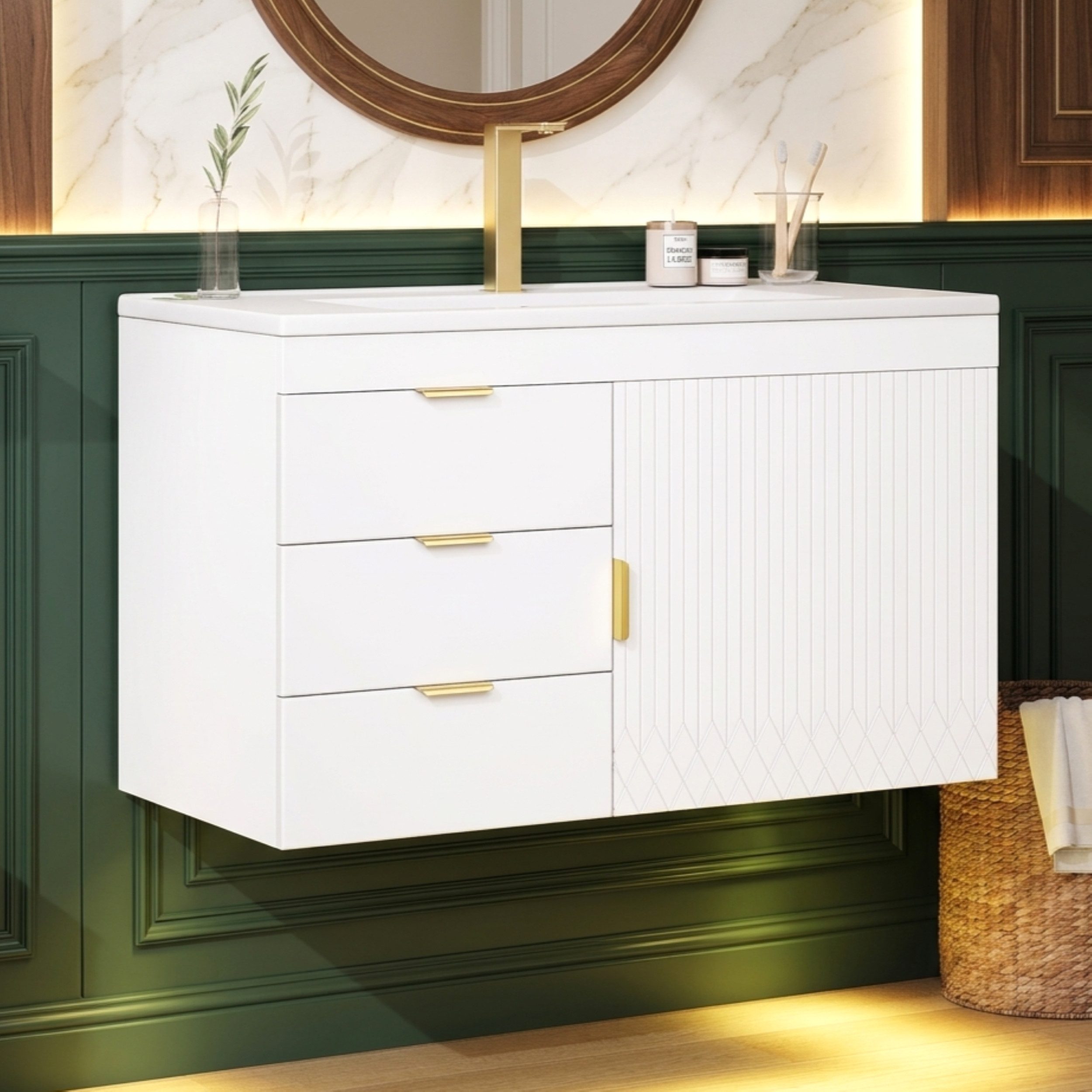 muvano Waschbeckenunterschrank Badezimmerschrank 76cm Waschtisch Wandhängend LED App Weiß Holzoptik mit Waschbecken, Soft-Close-Mechanismus