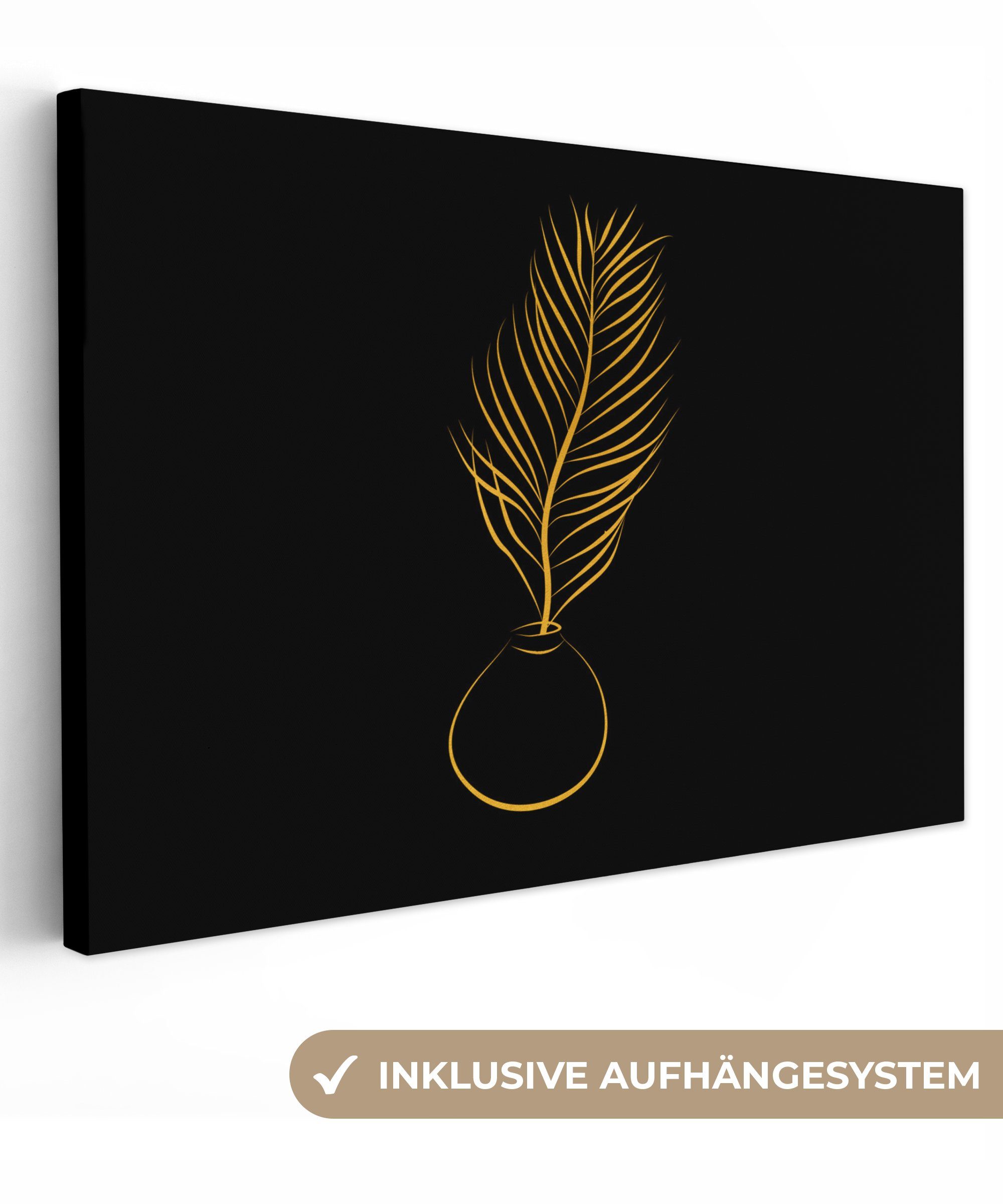 OneMillionCanvasses® Leinwandbild Topf - Pflanze - Gold - Linienkunst, (1 St), Wandbild Leinwandbilder, Aufhängefertig, Wanddeko, 30x20 cm