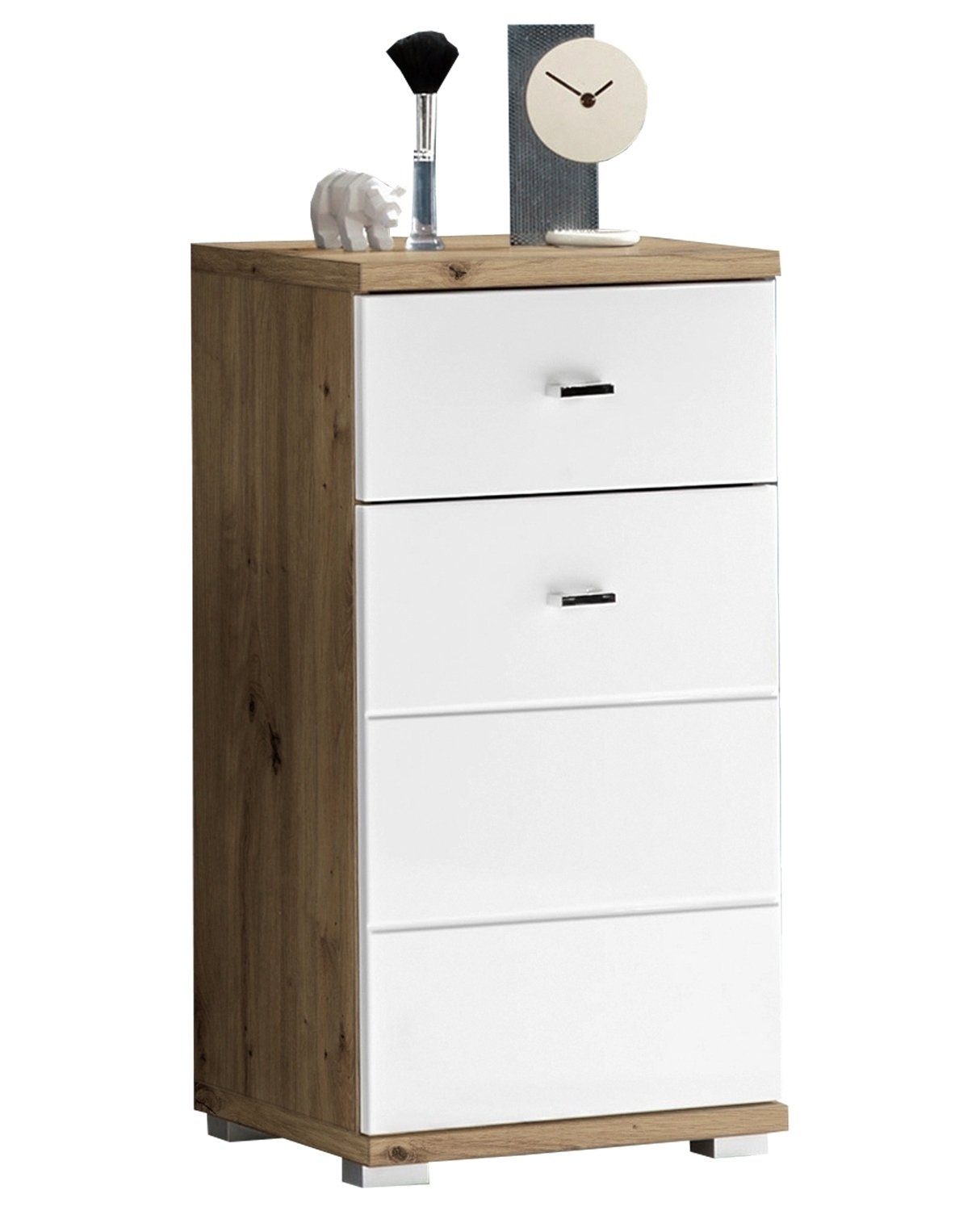 Unterschrank POOL, Artisan Eiche Dekor, Weiß Hochglanz, B 38 cm x H 73 cm, 1 Tür, 1 Schublade