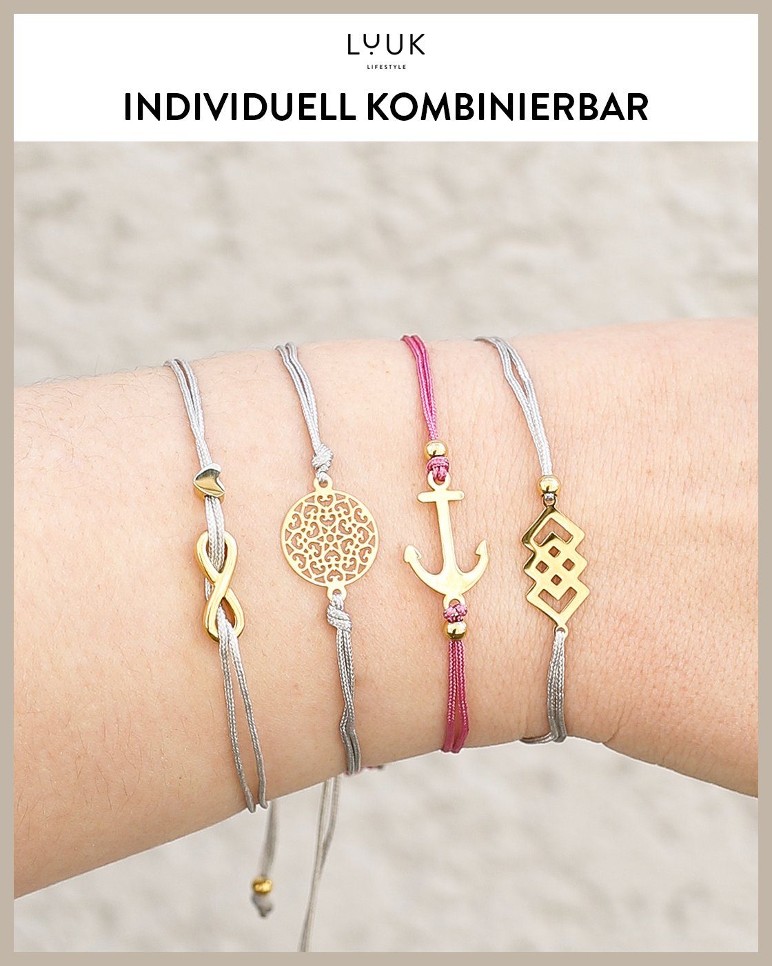 LUUK LIFESTYLE Freundschaftsarmband mit Gold Infinity, Happiness handmade, Spruchkarte