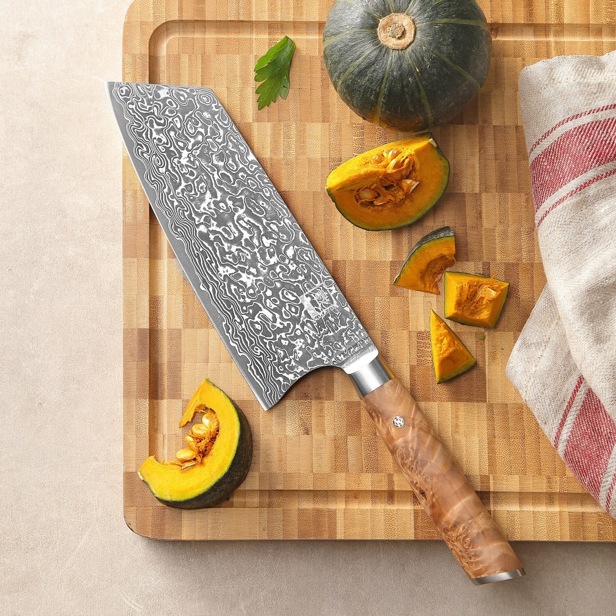 ZAYIKO Asiamesser Kinone Damast Kiritsuke Küchenmesser 20cm Klinge Wurzelholzgriff, schwarzer Damaststahl, VG10-Kern