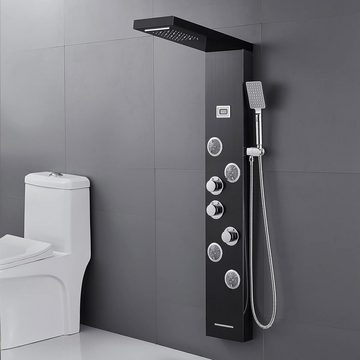 KEOKBON Duschsystem Duschpaneel Regendusche Edelstahl Schwarz, 4 Strahlart(en), mit LED-Lichter,5 Funktionen Duschsystem mit Handbrause Massagedusche