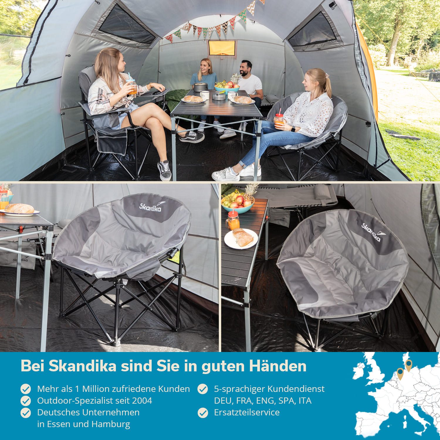Skandika Campingstuhl Moonchair Sirkka Gartenstuhl, Faltsessel bis 150 kg, klappbar, faltbar (stabiles Rahmensystem, praktische Seitentasche), gepolstert, Tragegriff, Kühlfach, Anti-Rutsch-Füße, Mondsessel Camping