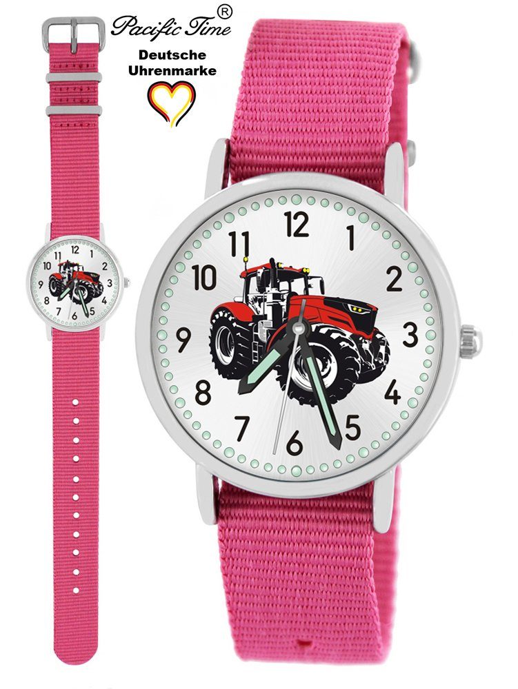 [Sonderverkaufsartikel] Pacific Time Quarzuhr Armbanduhr Wechselarmband, Traktor Match - rosa rot Design Kinder und Mix Versand Gratis