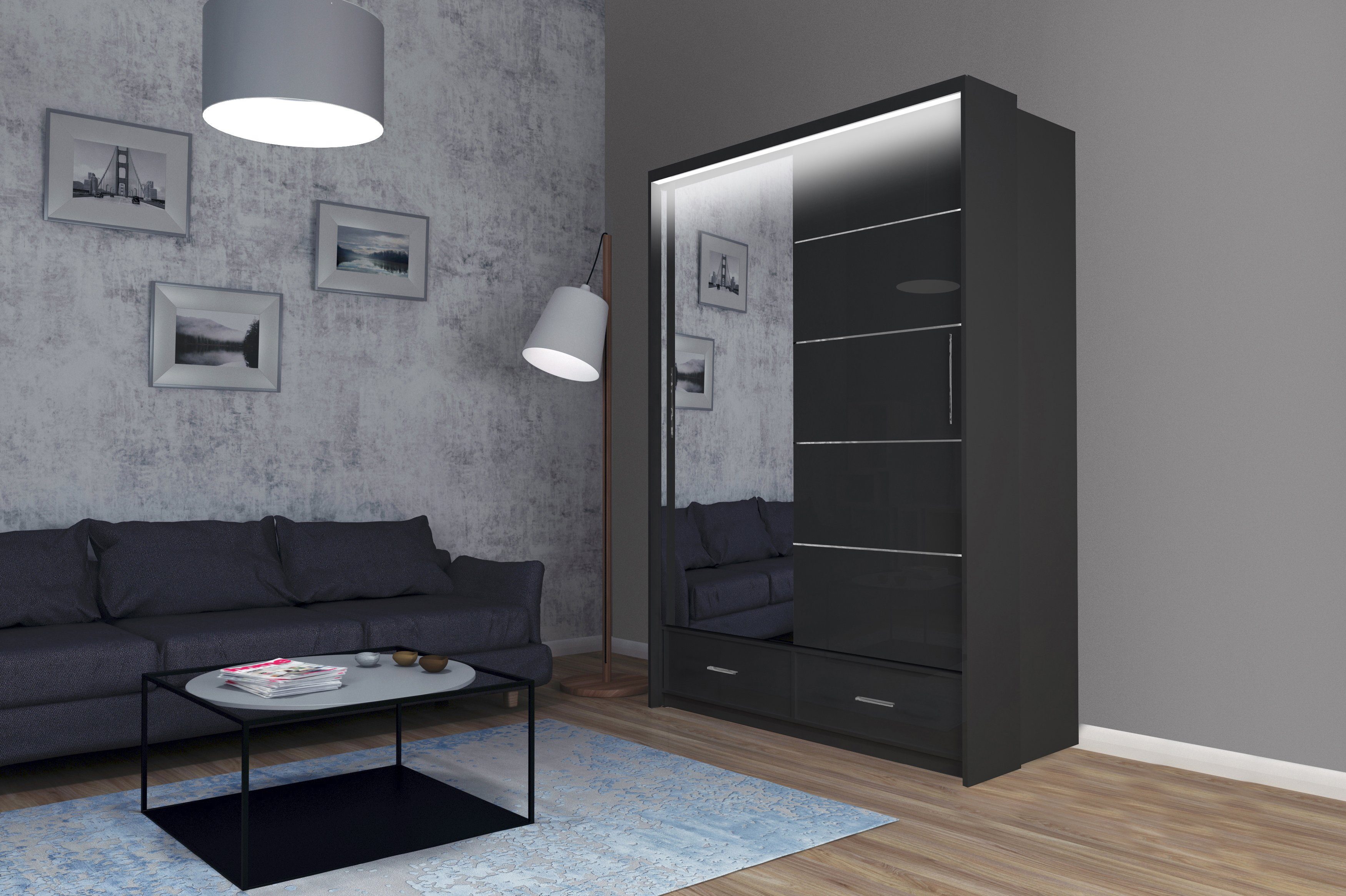 MOEBLO Kleiderschrank Cylia (Schwebetüren, grau/schwarz/weiß Schwebetürensc günstig online kaufen