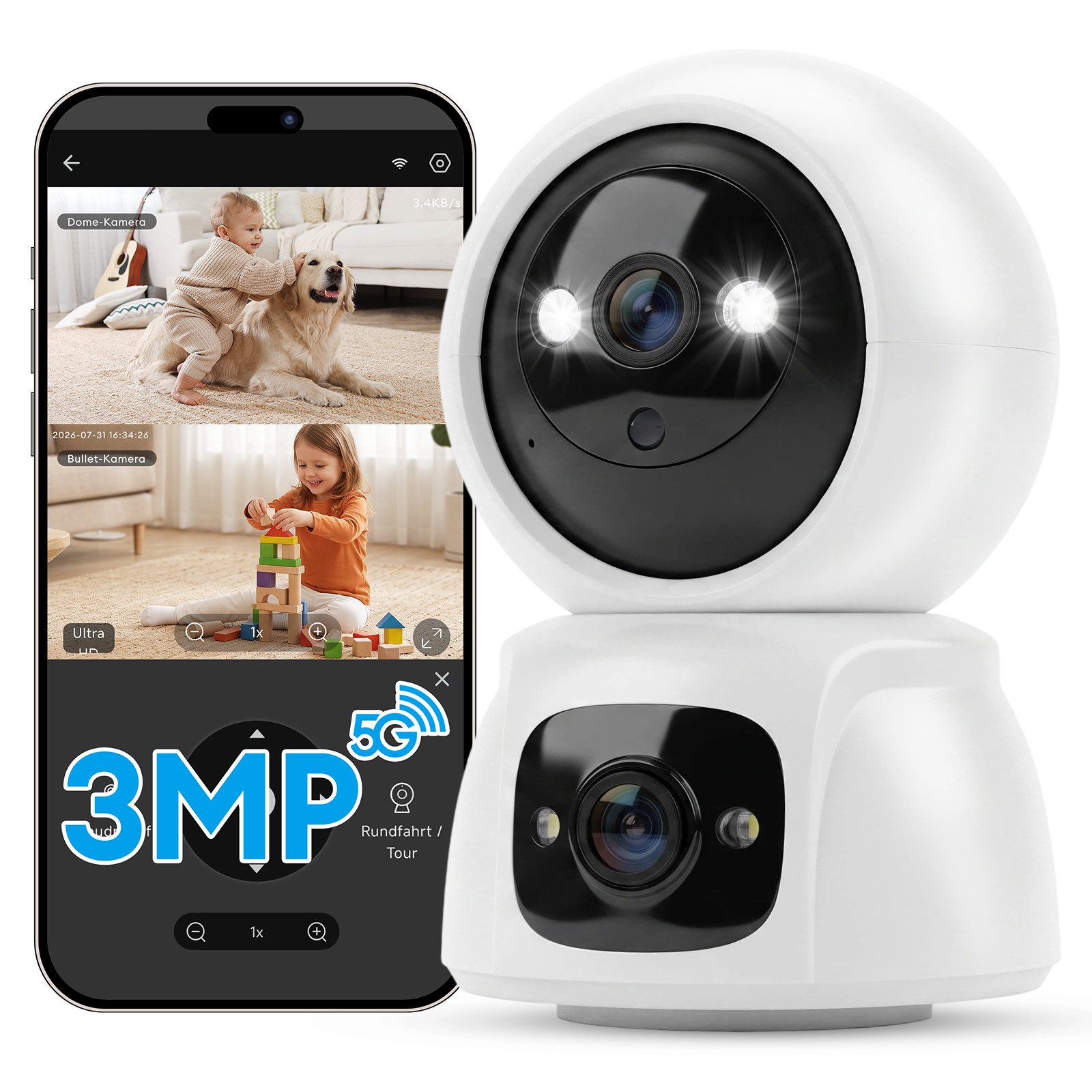 CkeyiN Überwachungskamera 3MP 2K+2K Dual-Objektiv 5G/2,4GHz WLAN 360° PTZ Überwachungskamera (Innenbereich, Farbnachtsicht KI-Bewegungserkennung 2-Wege-Audio SD & Cloud Speicher)