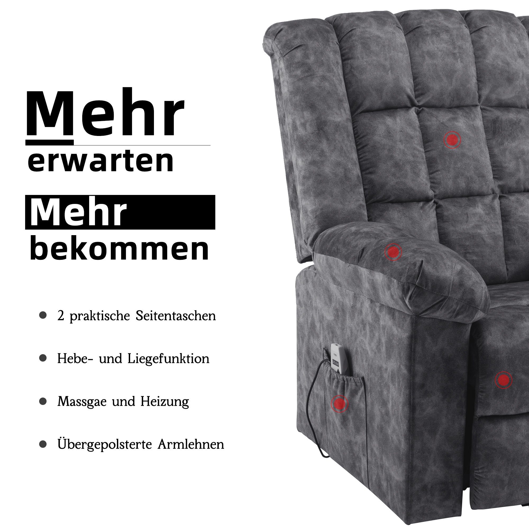 TV-Sessel (Fernsehsessel mit Aufstehhilfe, elektrisch Relaxsessel mit Fernbedienung, bis 130 kg belastbar), Massagesessel mit Liegefunktion, Wärmefunktion und Vibrationsmassage