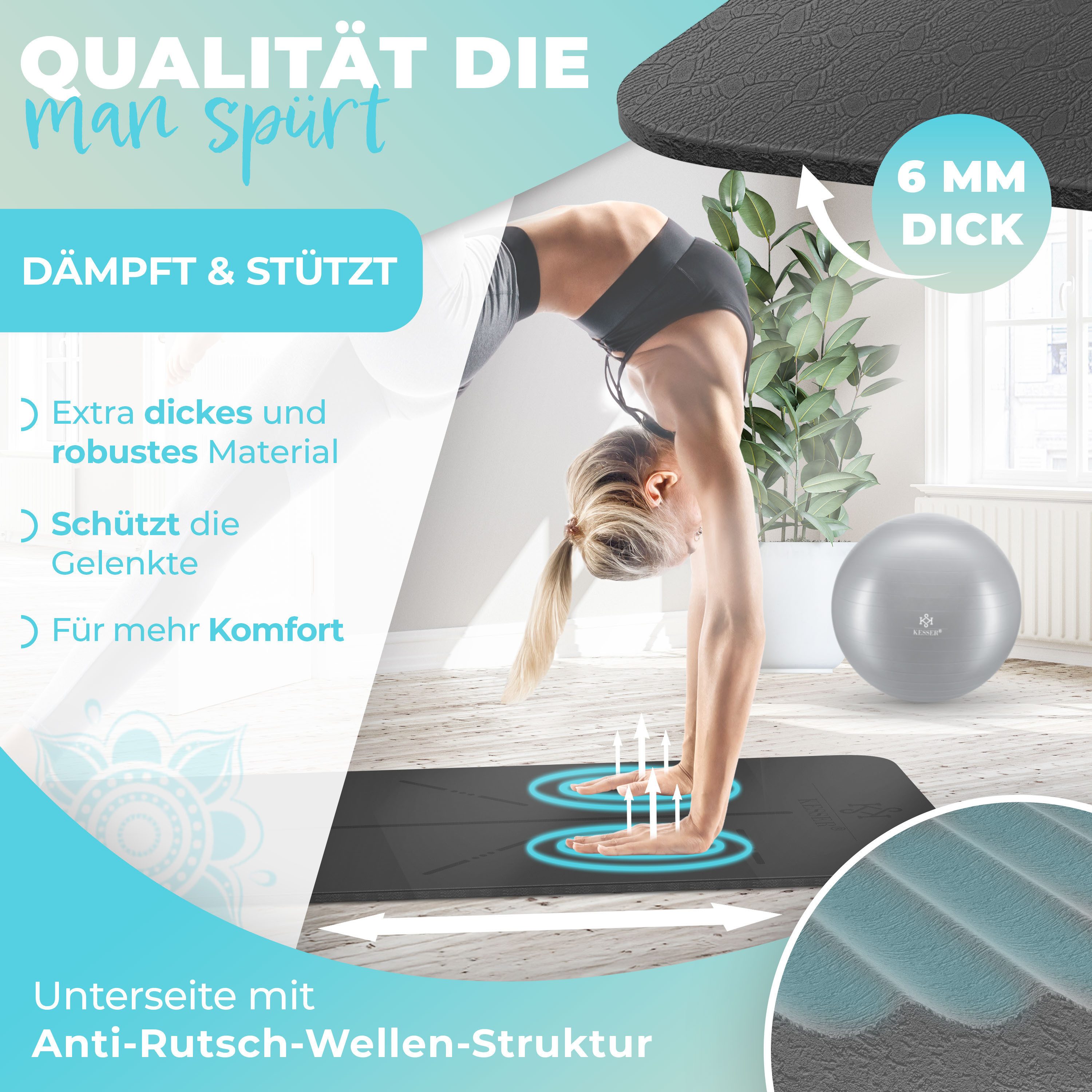 KESSER Yogamatte Gymnastikmatte gepolstert & rutschfest 183 x 61 cm Sportmatte, Trainingsmatte für Fitness, Pilates Gymnastik Workout & Yoga