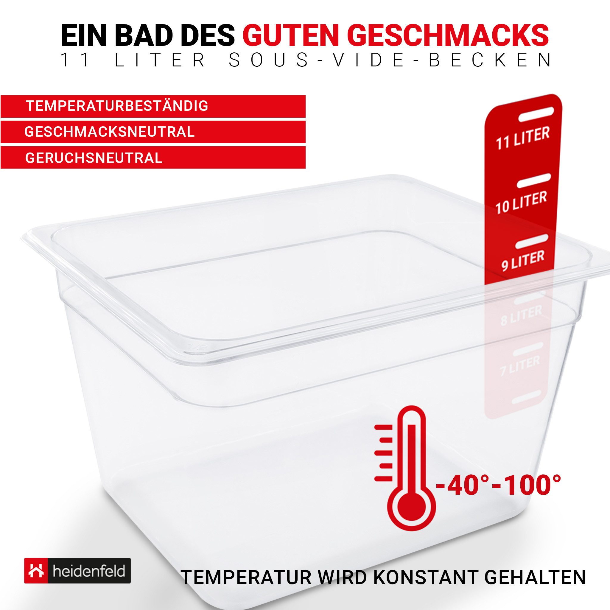 Heidenfeld Sous-Vide Stick SVS11 - Sous Vide Garer Komplettset inkl. Behälter - Volumen 11l, Sous Vide Stick Zubehör - Wasserbad für Garer