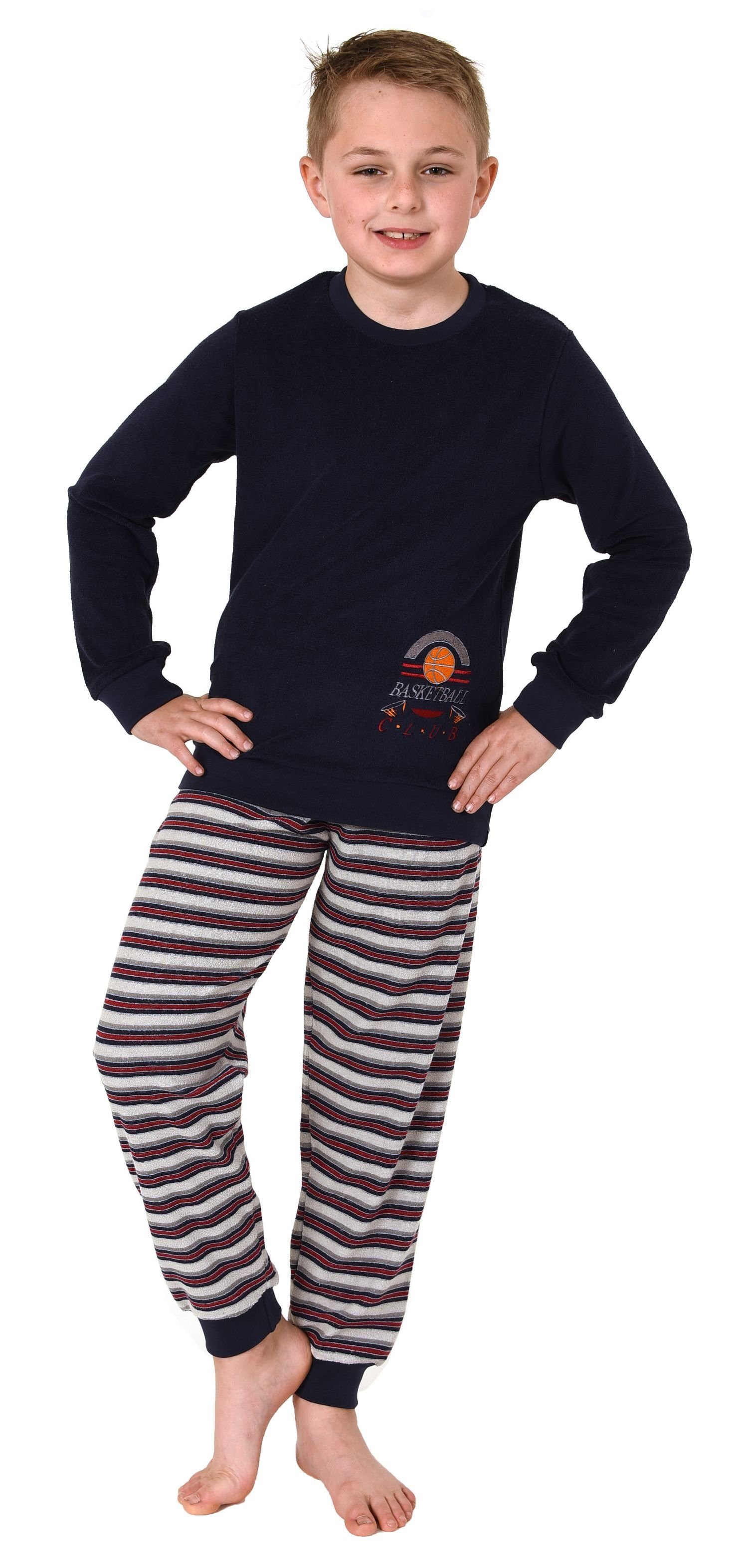 Bündchen Schlafanzug grau Basketball-Motiv Pyjama langarm Frottee Jungen Normann und mit