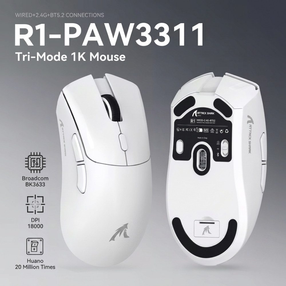 ATTACK SHARK R1 Ultraleichte Tri-Mode Gaming-Maus Kabelgebunden Gaming-Maus (Individuelle Tastenprogrammierung, 3 Verbindungsmodi)