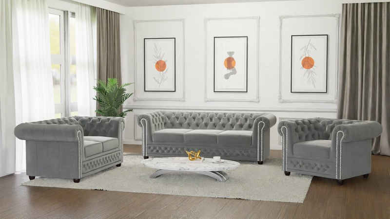 S-Style Möbel Polstergarnitur Chesterfield Lena mit Schlaffunktion 3+2+1 Samt Bezug, (3-Sitzer-Sofa mit Schlaffunktion, 2-Sitzer-Sofa mit Schlaffunktion, Sessel), mit Wellenfederung