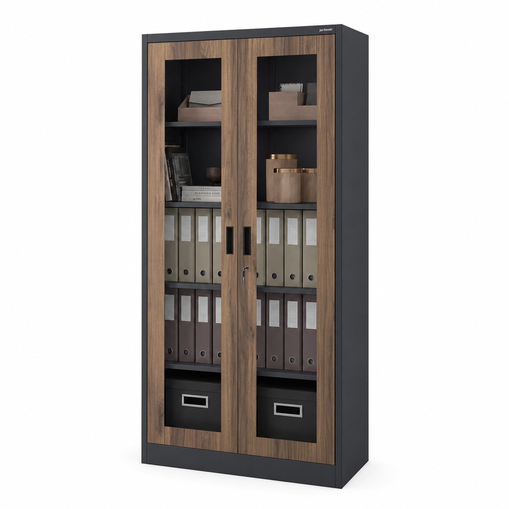 Jan Nowak Vitrine Metall Vitrinenschrank abschließbar 90 cm AMELIA Glasscheiben (Büroschrank Aktenschrank Büro Kanzlei Praxis Sozialraum, Stahl 0,6 mm 185 x 90 x 45 cm Wandmontage 50 Ordner robust) Schloss 2 Schlüssel 4 Böden langlebig 9 Farben