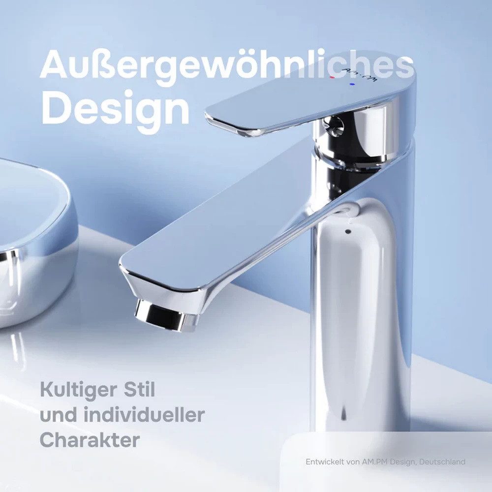 AM.PM Waschtischarmatur Badarmatur Bad Armatur HIT Wasserhahn S-Größe mit Klick-Ablaufgarnitur (Waschbeckenarmatur Mischarmatur mit Wasserablauf, Mischbatterie, 2 x G 3/8-Anschluss und Klick-Ablauf Chrom / Silber) Einhebelmischer für warmes und kaltes Wasser