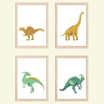 Tigerlino Poster Dinosaurier Bilder 4er Set Kinderzimmer Dino Wandbilder Babyzimmer