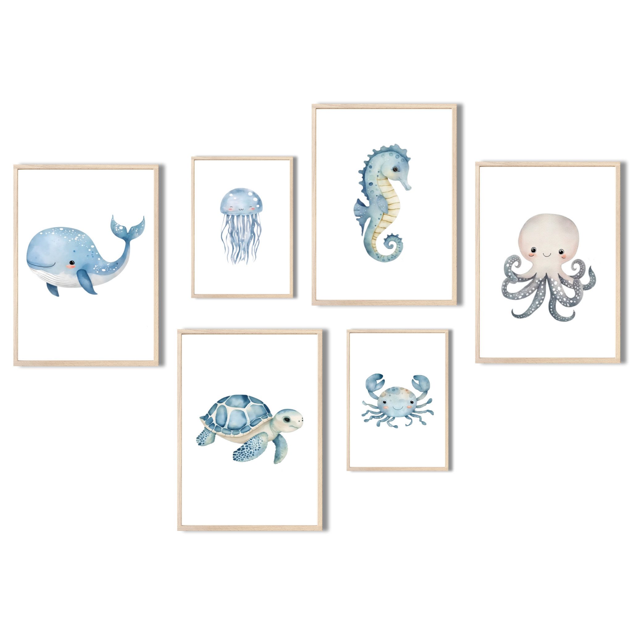 MeinBaby123® Poster Kinderzimmer Meerestiere,  Kinderzimmer Deko, Kinderzimmer Bilder, Unterwasserwelt, süßer Wal, Schildkröte, Qualle