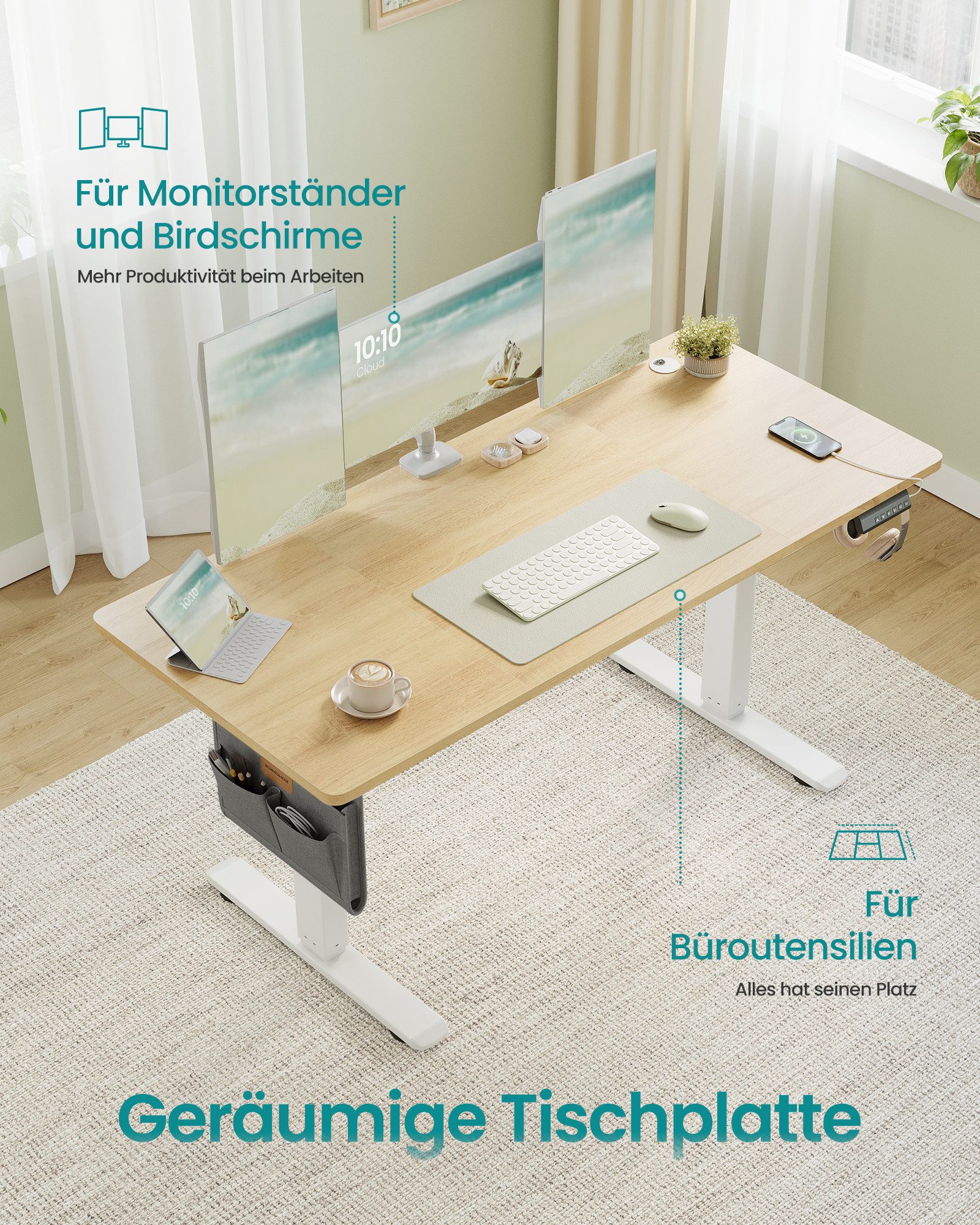 SONGMICS Schreibtisch Höhenverstellbarer elektrisch, USB-C-Anschluss, Memory-Funktion für 4 Höhen, mit Stoff-Organizer – Bild 4 von 5