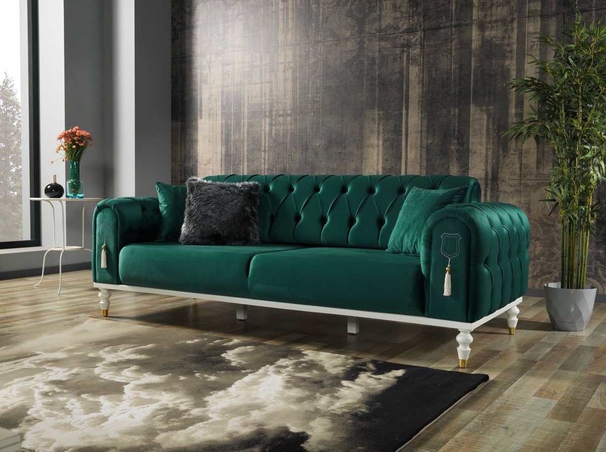 / Möbel Sofa cm Wohnzimmer Weiß Grün Chesterfield-Sofa 83 Kissen - mit x Chesterfield Schlafsofa / Wohnzimmer 230 Gold Luxus 3 - 95 Luxus Padrino Casa x H.