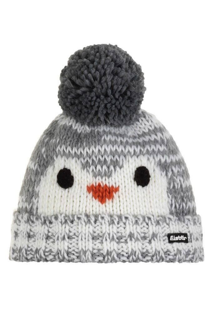 Eisbär Bommelmütze Wintermütze (Pompon) Rico - mit Pinguinmotiv - weiss/grau - Kinder