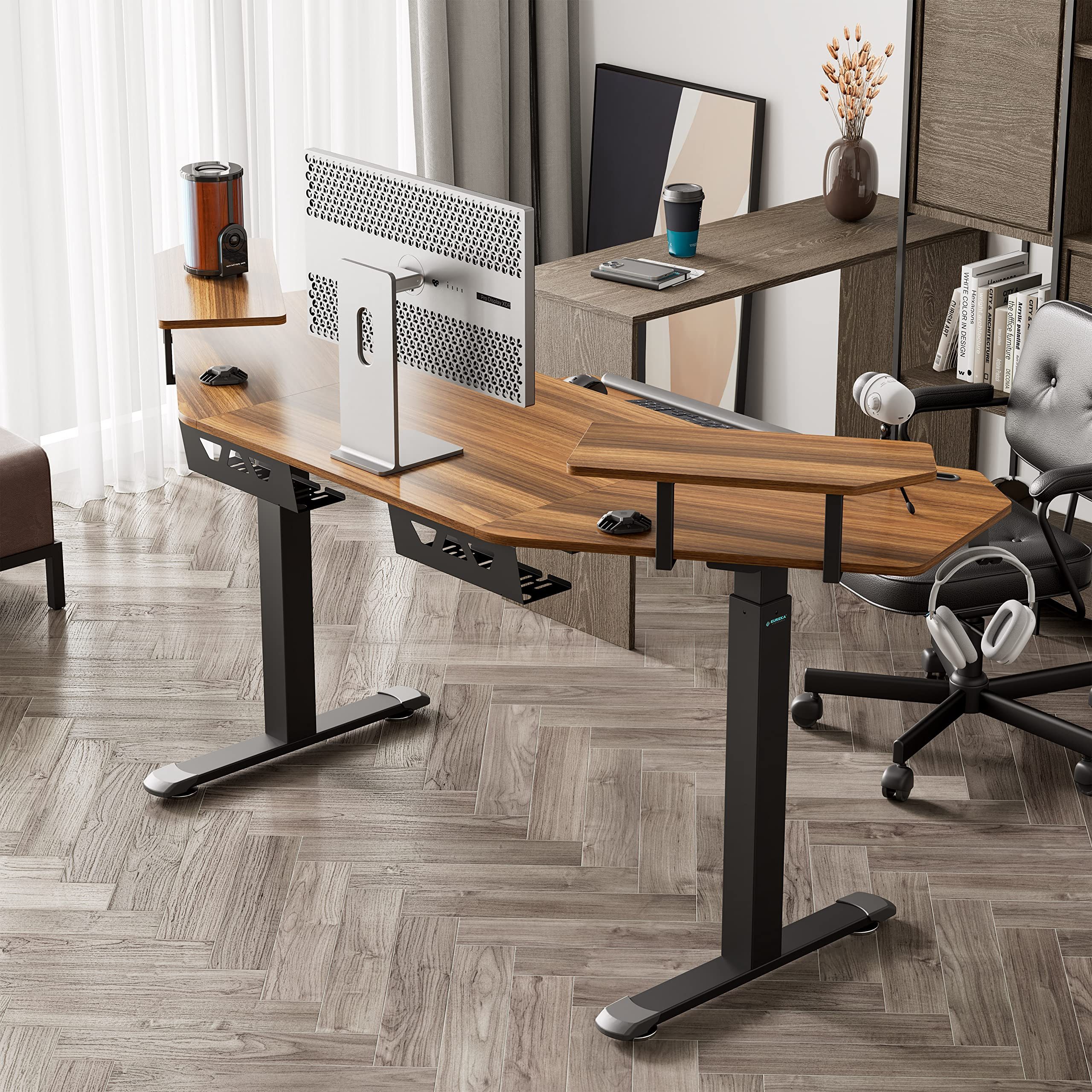 EE EUREKA ERGONOMIC Computertisch Höhenverstellbarer Schreibtisch, Elektrisch Groß Gaming Tisch (182×76cm Stehpult in Flügelform), Gaming Schreibtisch mit Led Monitorständer und Tastaturablage