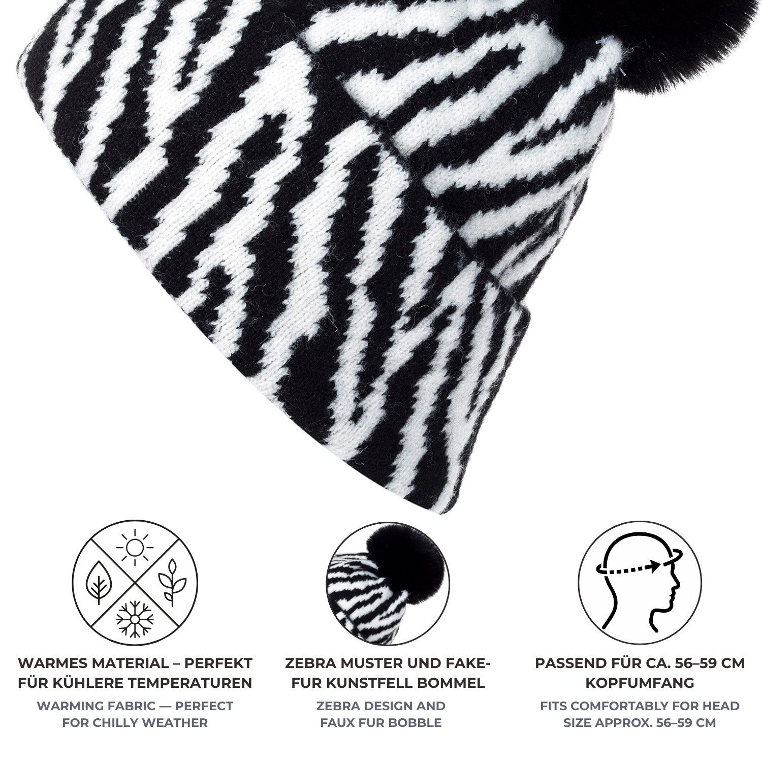 styleBREAKER Bommelmütze Strick Bommelmütze mit Zebra Muster (1-St)