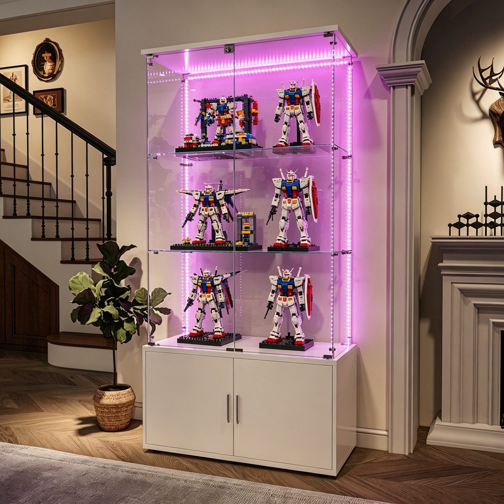 Simurq Glasvitrine Standvitrine aus Glas mit LED, Vitrinenschrank Schrank für Sammlung (Glas Vitrine mit 2 Glastür und 3 Lagen, Glasschrank mit Schloss) Vitrine aus Glas, perfekt für Sammler, Sammelvitrine