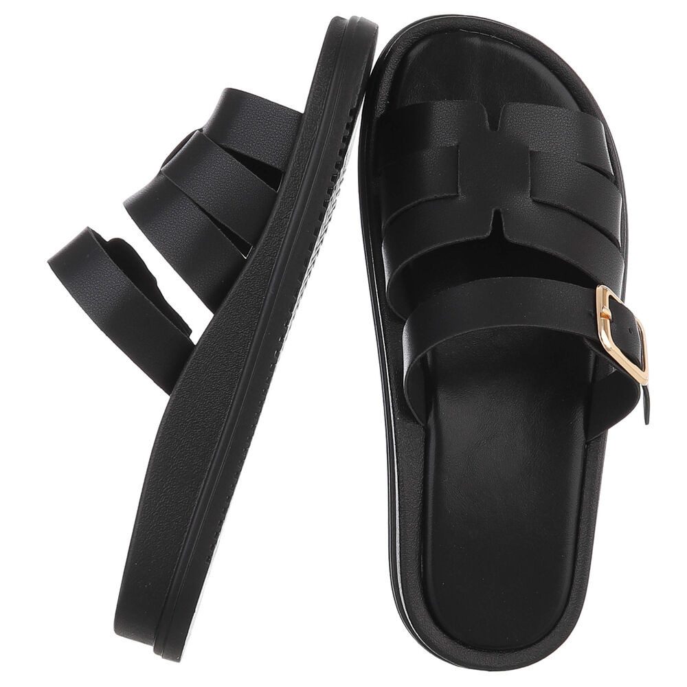 Ital-Design Damen Sandalenslipper mit Schnalle und Profilsohle Pantolette (91742419) Keilabsatz/Wedge Pantoletten in Schwarz