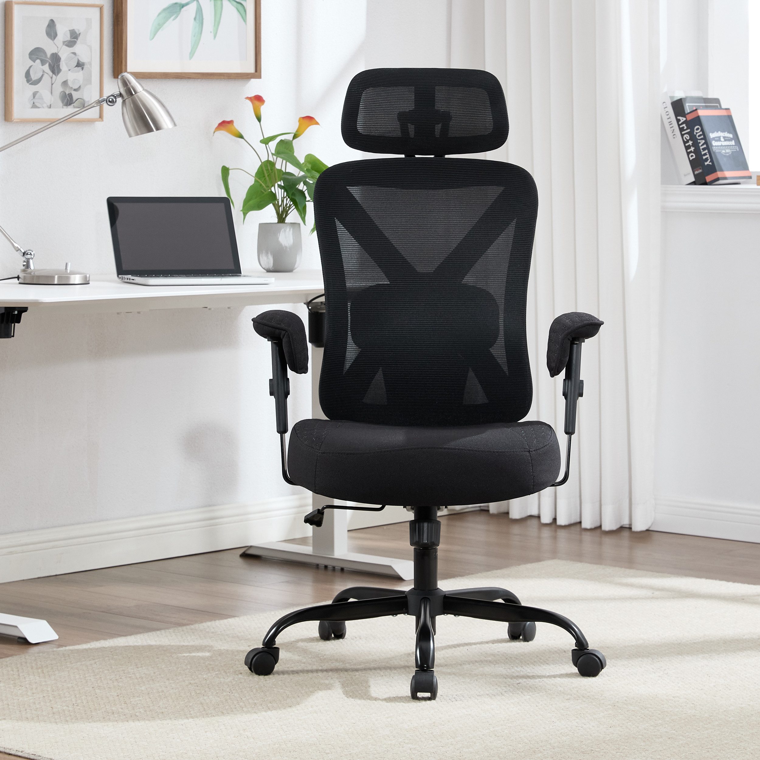 UEV Bürostuhl Ergonomisch bis 220KG Gaming Stuhl Wippfunktion (Schreibstuhl mit Armlehnen und Kopistütze, höhenverstellbarer Arbeitsstuhl, Drehstuhl mit Netzbespannung), verdicke Sitzkissen, Höhenverstellbar, 360°Drehung