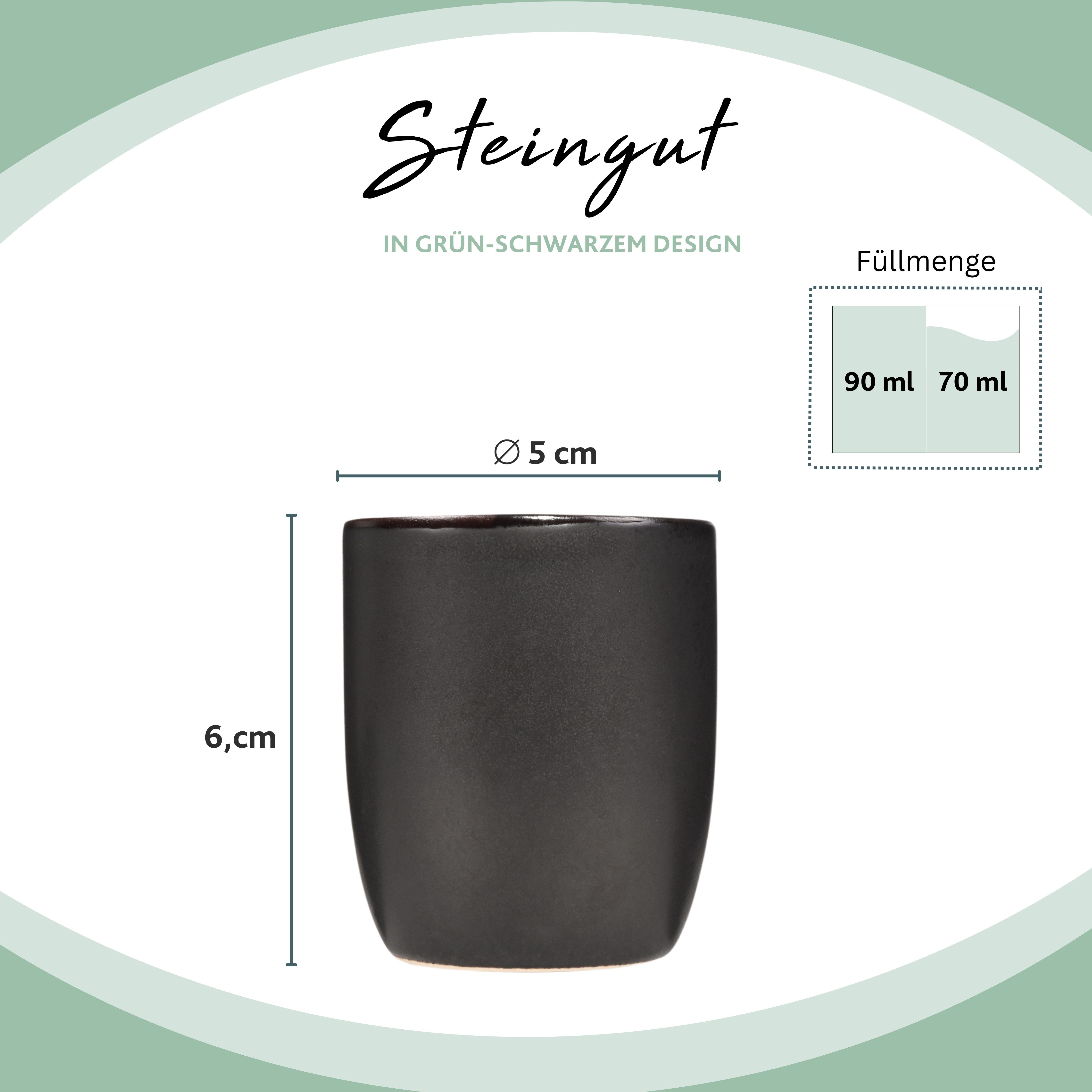 SÄNGER Becher Palm Beach Espressobecher Set Grün Schwarz, 4-tlg., Steingut, 70 ml, Handmade, Premium Collection