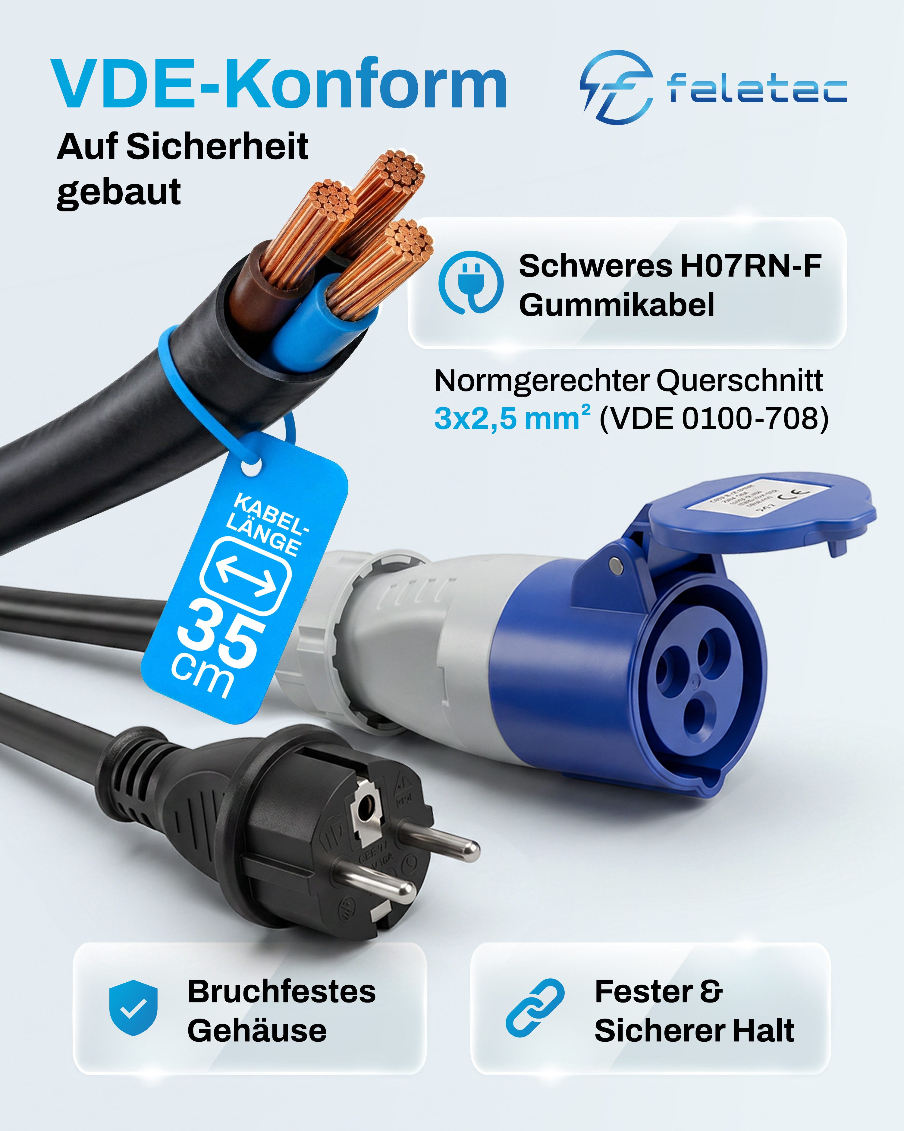 feletec CEE Adapter Schuko Stecker auf CEE Kupplung, 35cm Camping Kabel, IP44 CEE-Adapterkabel