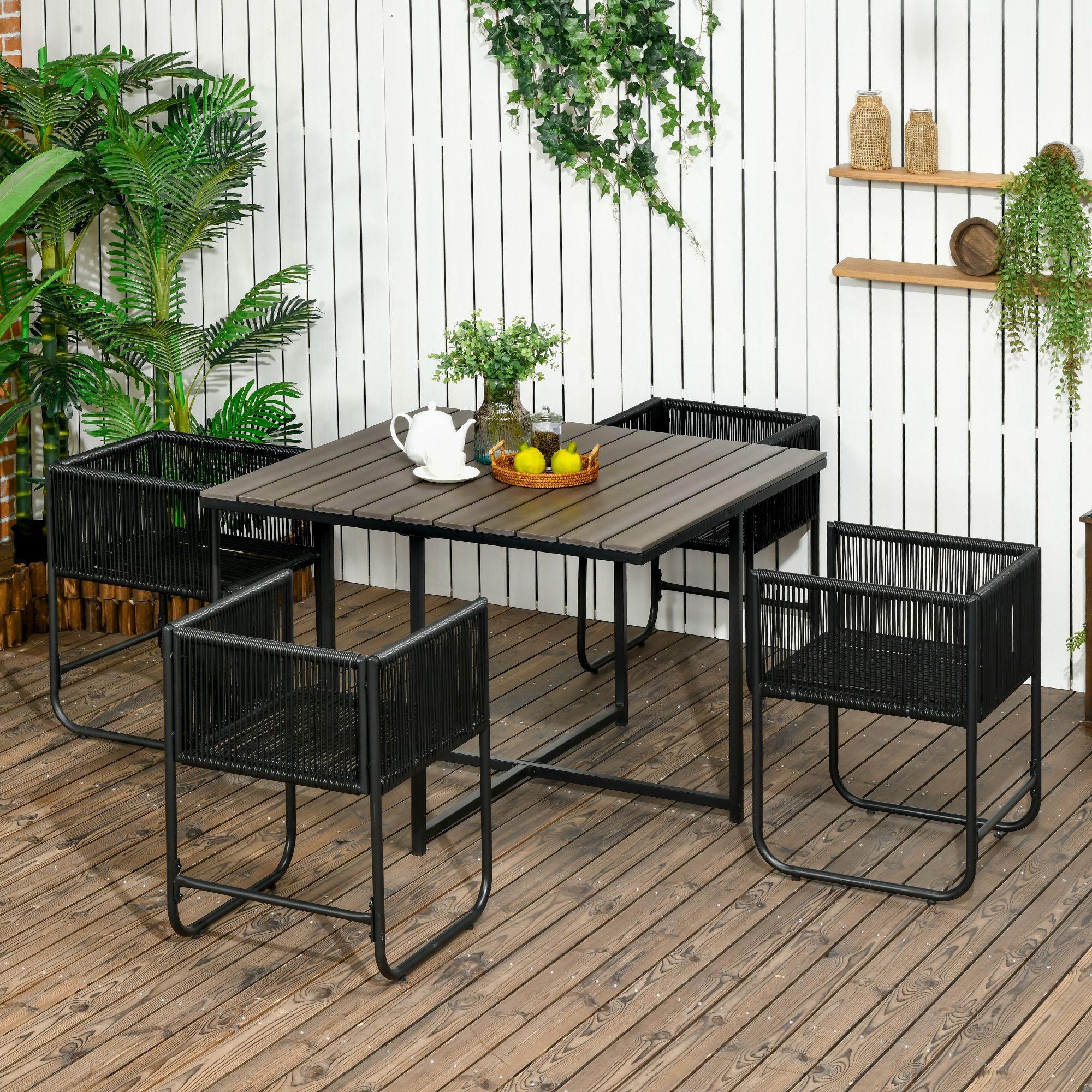 Outsunny Sitzgruppe Polyrattan Esstisch mit 4 Stühlen für Balkon, Terrasse Grau, (Balkonmöbel, 5-tlg., Gartensitzgruppe), Gartensitzgruppe