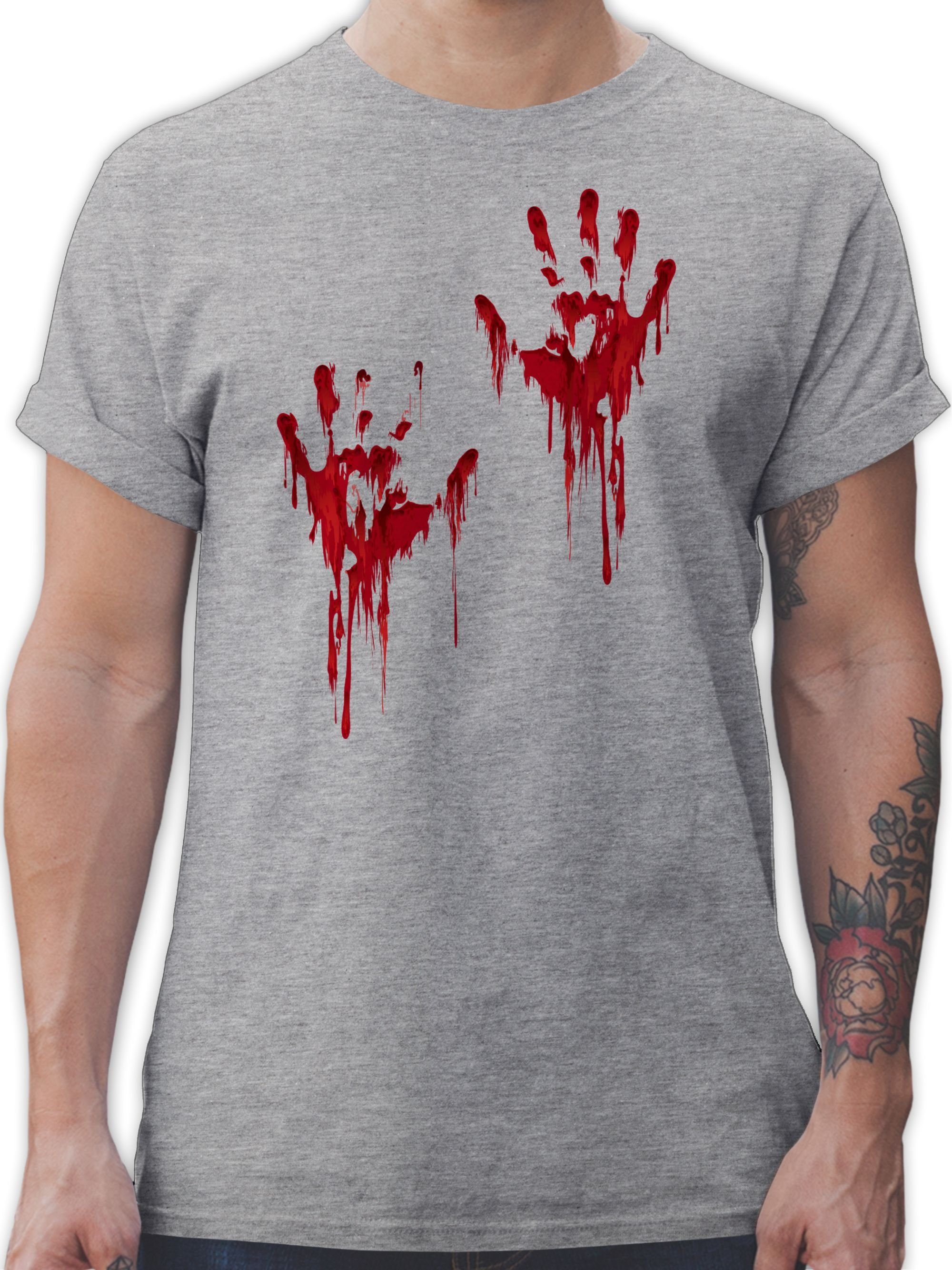 Shirtracer T-Shirt Blutige Hände Blut Handabdruck Blutverschmiert Blutiges Blutspritzer H Halloween Kostüme Herren 03 Grau meliert